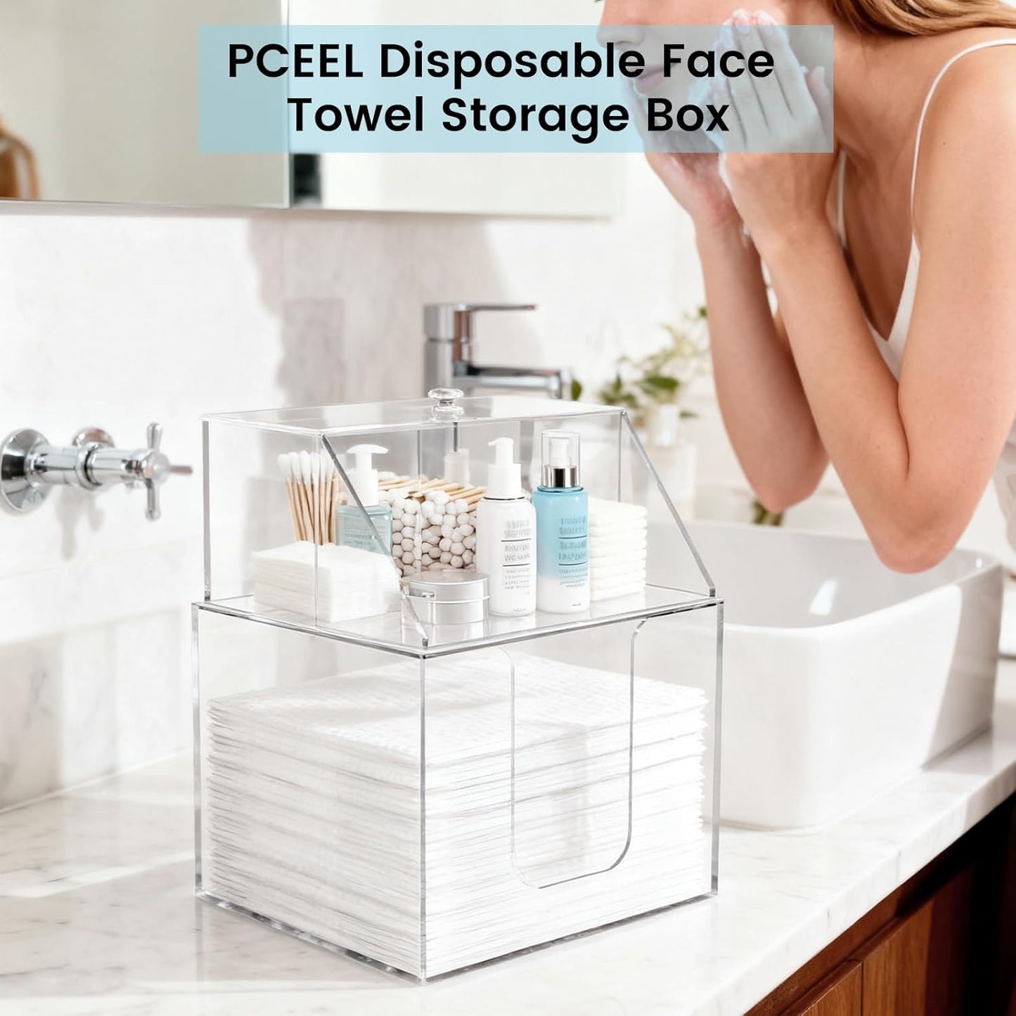 Face Towel Storage Box - 3-in-1 Detachable Holder for Cleaning Accessories | Clear Acrylic, Holds 50 Towels
