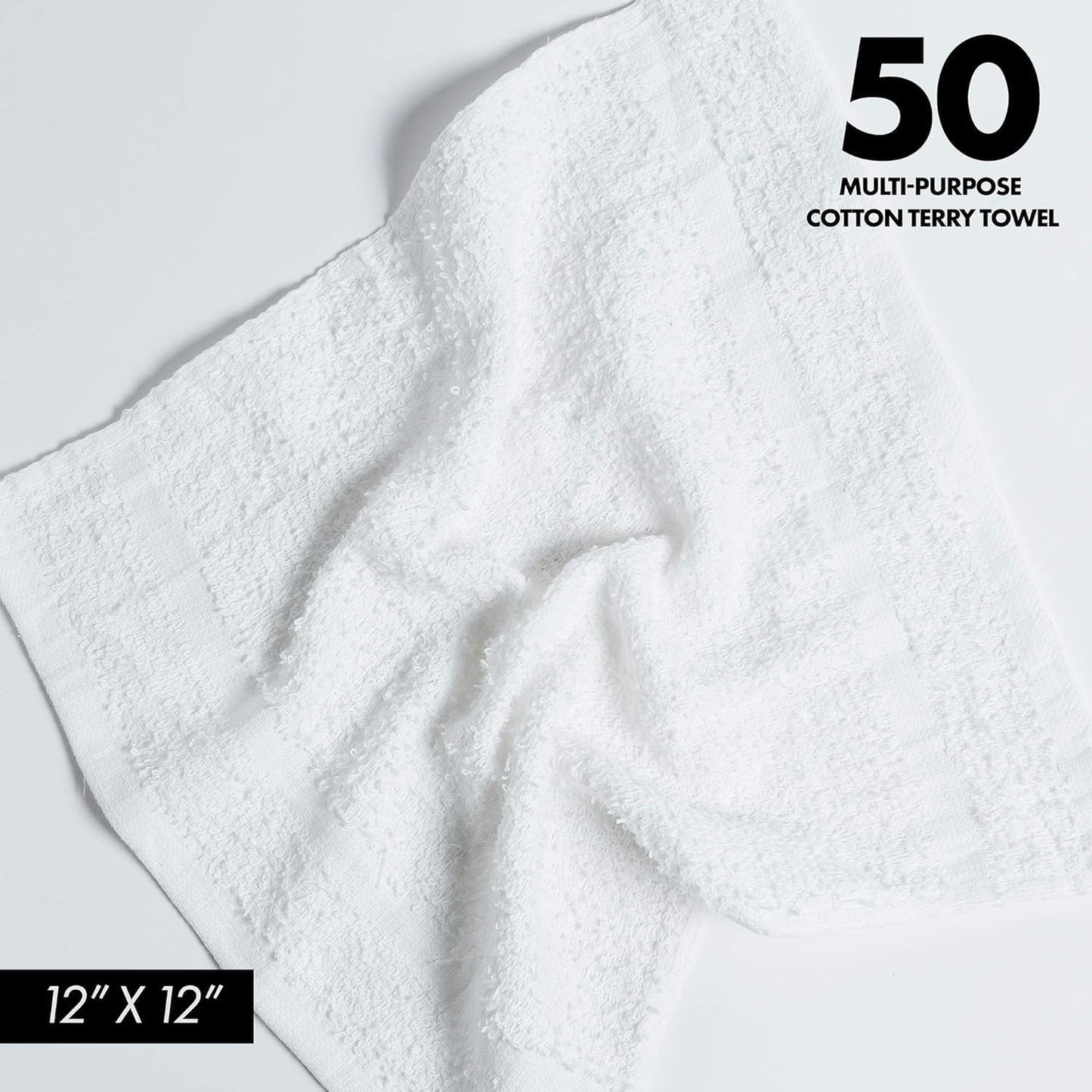Cotton Terry Towels - High Absorbent Cleaning Cloths | Pack of 50, 12x12 Inches, White