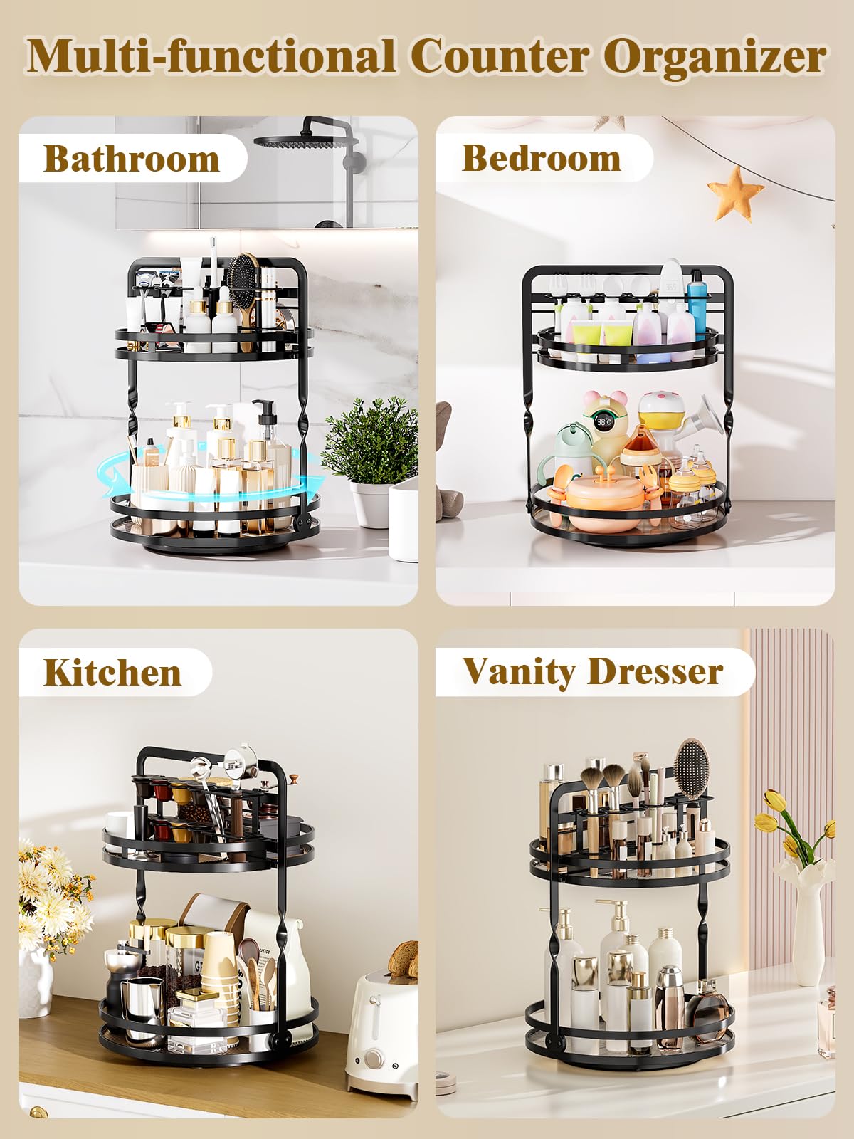 DUANFEE Rotating Makeup Vanity Organizer, 360 Spinning Perfume Organizer for Dresser, 2-Tier Black Bathroom Countertop Organizer, Lazy Susan Skincare Storage, Cosmetic Display with Makeup Brush Holder