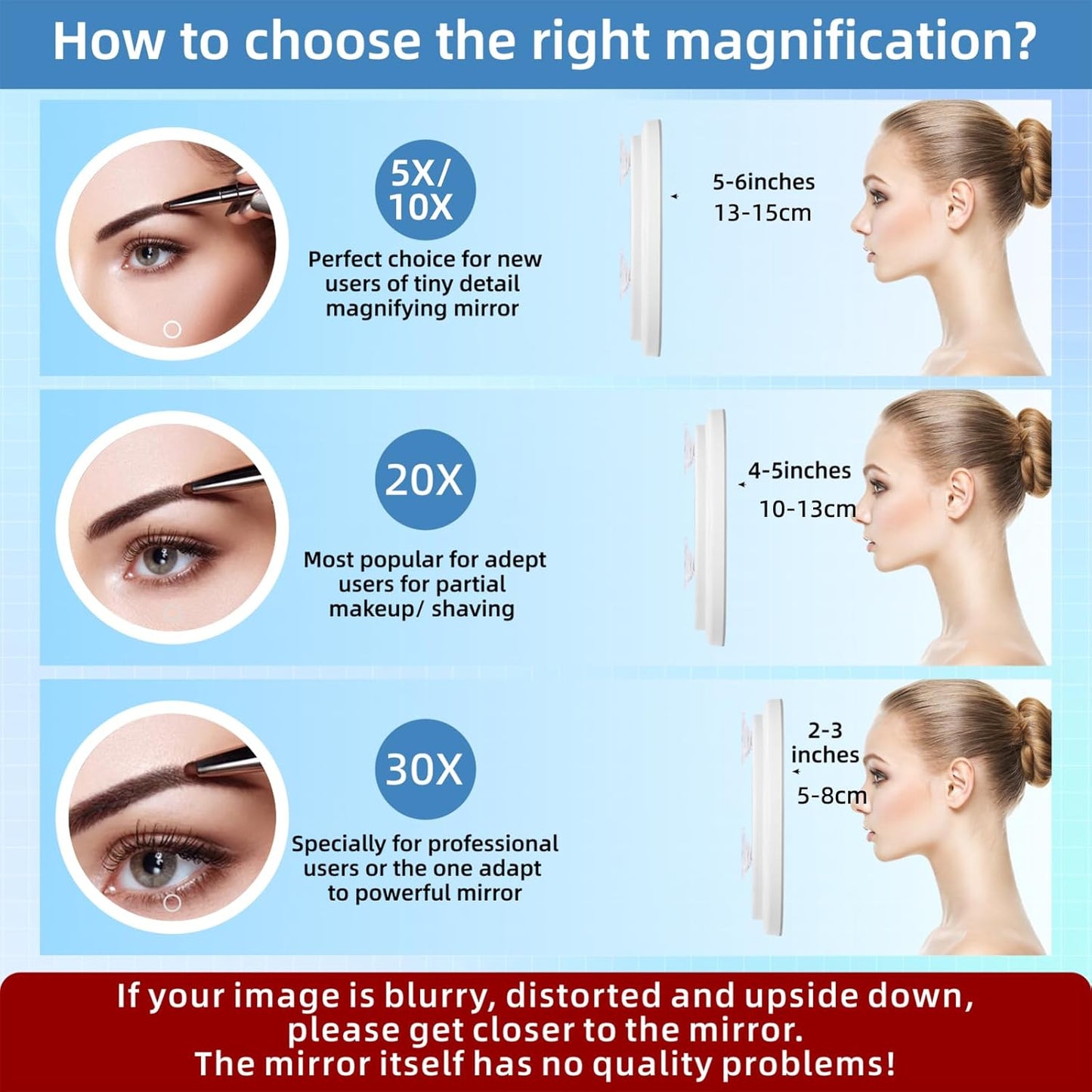 30x Magnifying Makeup Mirror with Light - Dimmable, Rechargeable, 3 Color Modes | 6" Viewing Area, Suction Cups, Tweezers & Scissors Included