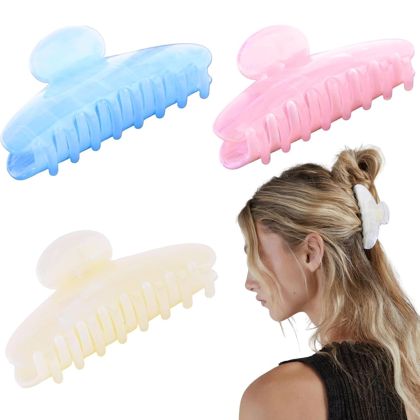 Acrylic Claw Clips for Women - 3 PCS Non-Slip Hair Accessories | Pastel Colors (Blue, White, Pink)