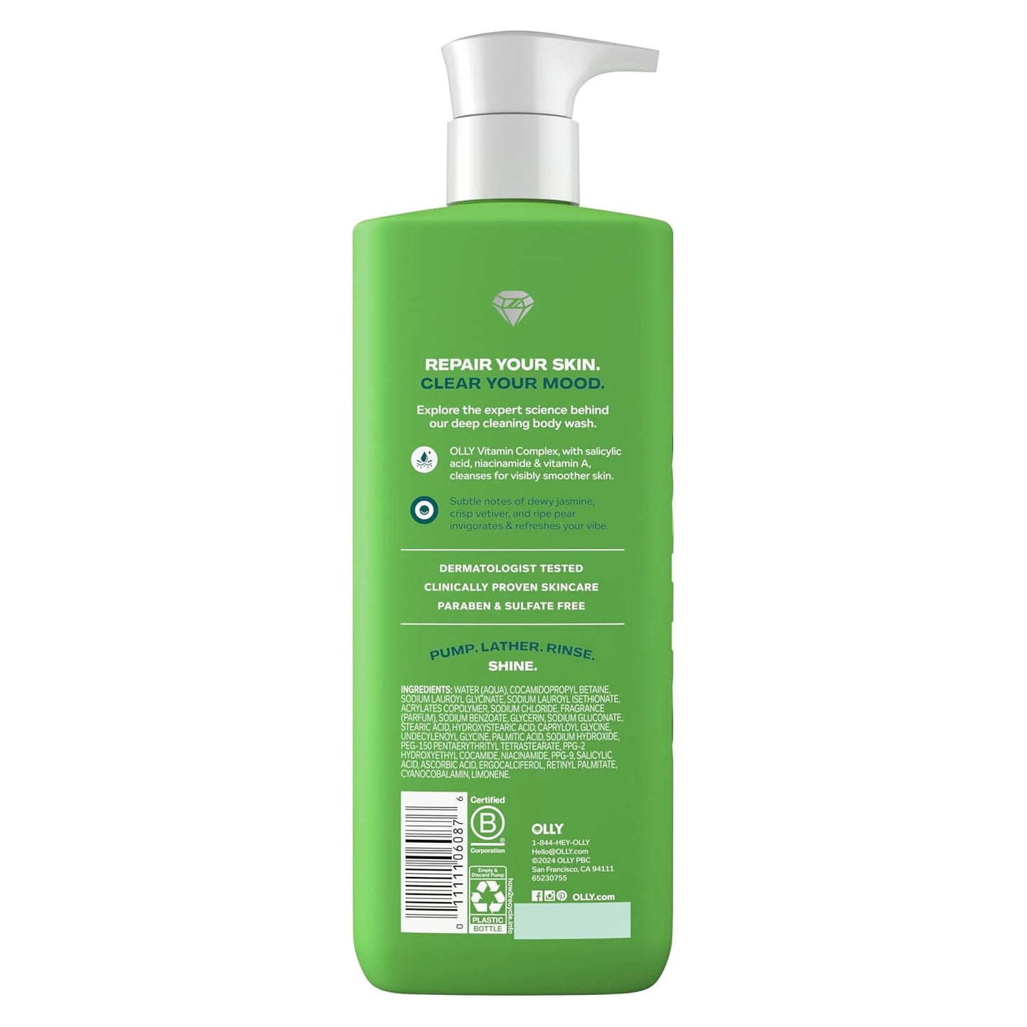 OLLY Body Wash - Clear Mood + Skin with Salicylic Acid, Niacinamide & Vitamin A | 17 Fl Oz for Smoother Skin