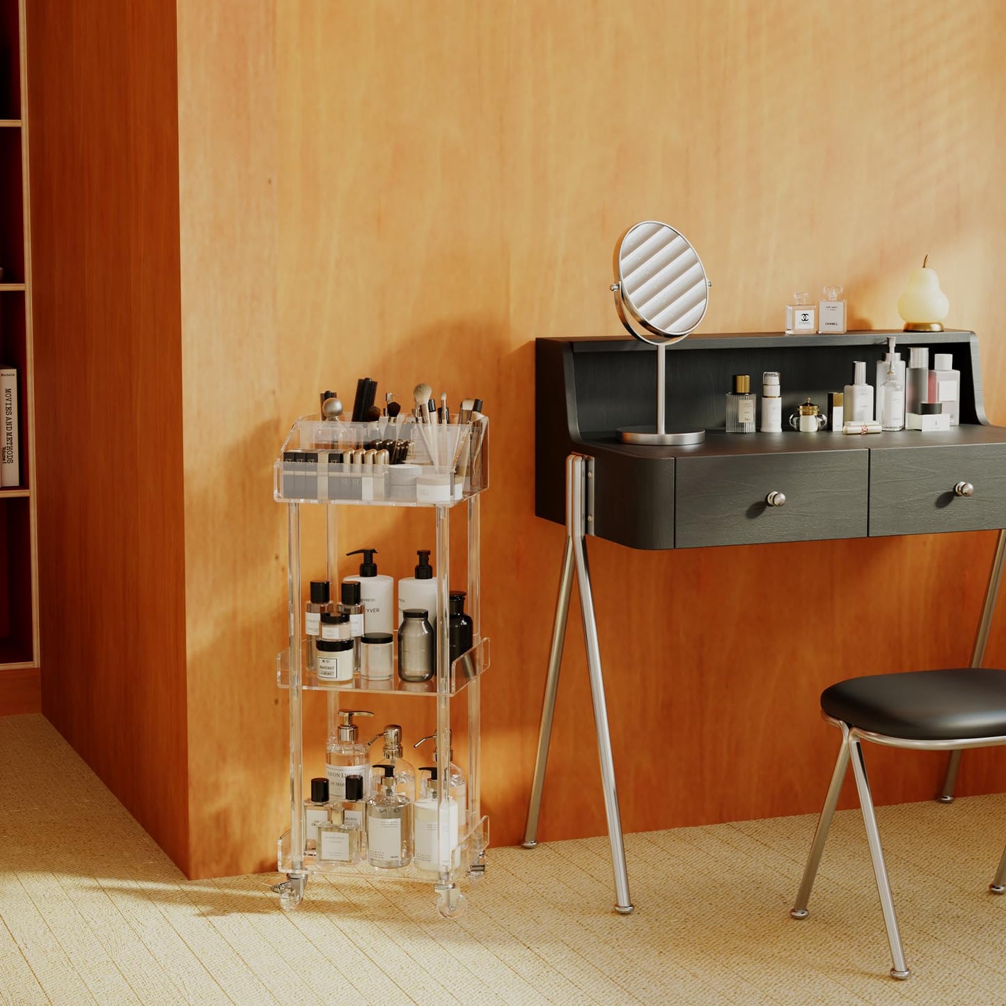 Aquiver Acrylic Makeup Organizer Storage Cart - 3 Tier Rolling Makeup Cart Vanity Organizer - Cosmetics Display Cases Holder for Skincare Cosmetics, 11.8'' L x 9.8'' W x 31.7'' H, Clear