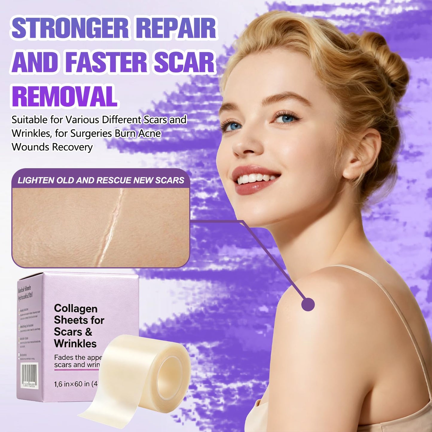 Silicone Collagen Scar Tape, Collagen Sheets for Scars & Wrinkle, Silicone Scar Removal Strips for Various Different Scars and Wrinkles, Old & New Scars for All Ages (1.6In * 60In)