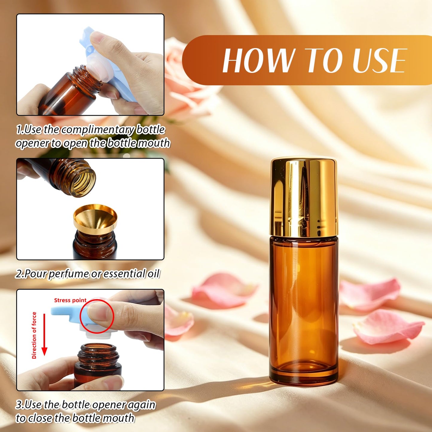 ORVEXILA 2 Pack Rose Quartz Essential Oils Roller Bottles, 50ml and 30ml Empty Leakproof Amber Glass Roll On Bottles for Perfume, Anointing, Travel, DIY