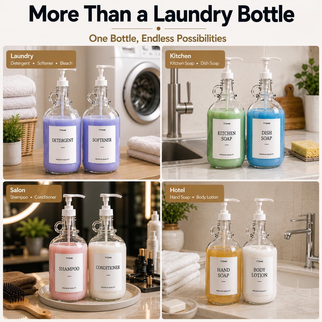 2 Pack Glass Laundry Detergent Dispensers, 64 oz Half Gallon Bottles