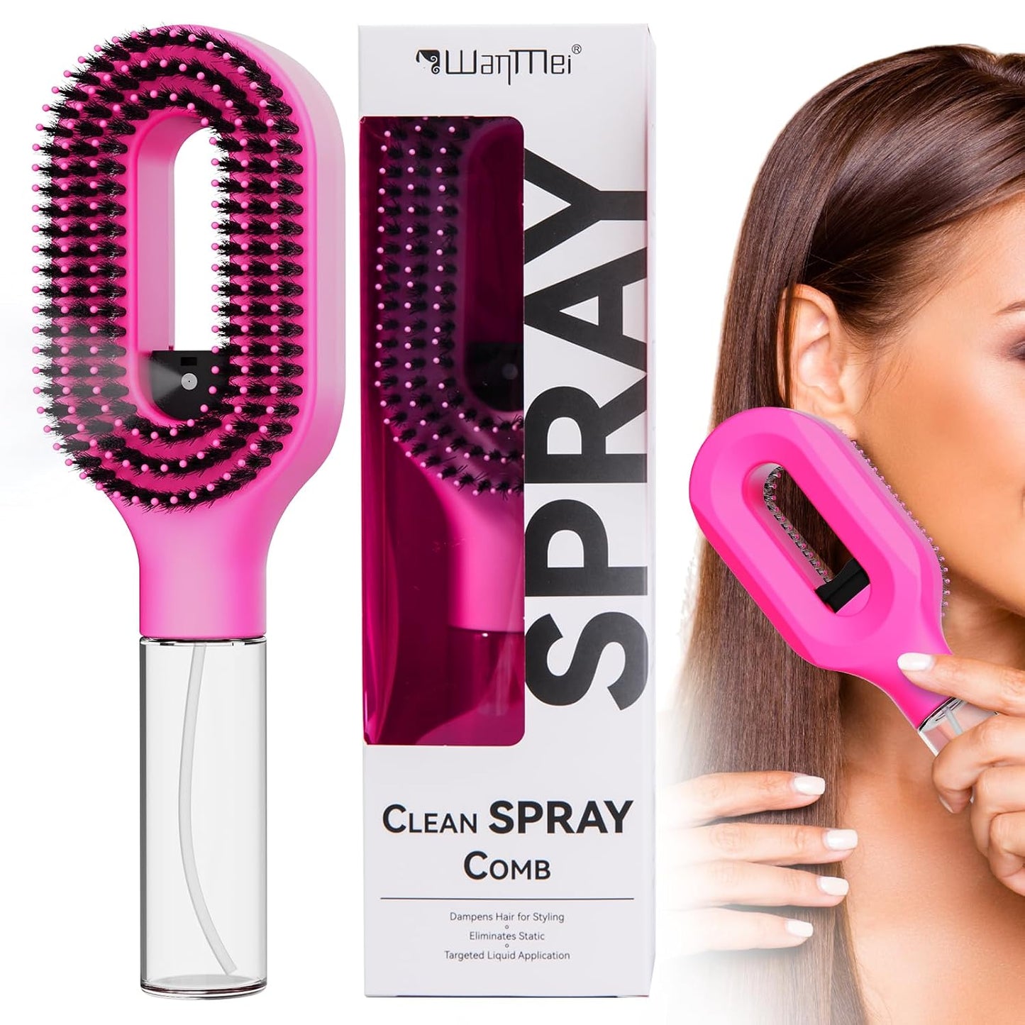 Hair Brush with Water Spray - 2-in-1 Detangling Tool for Wet & Dry Hair | Anti-Frizz, Portable, Pink