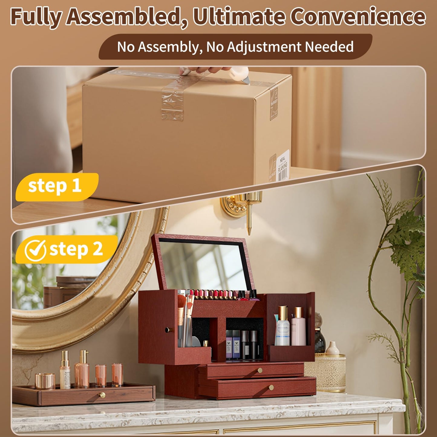 TIRYIUOU Makeup Organizer Countertop with Drawers: Wooden Multifunctional Dresser Top Cosmetics Storage Tabletop Skin Care Organizer Shelf for Desktop, Skincare, Beauty Supplies, Cosmetics Display