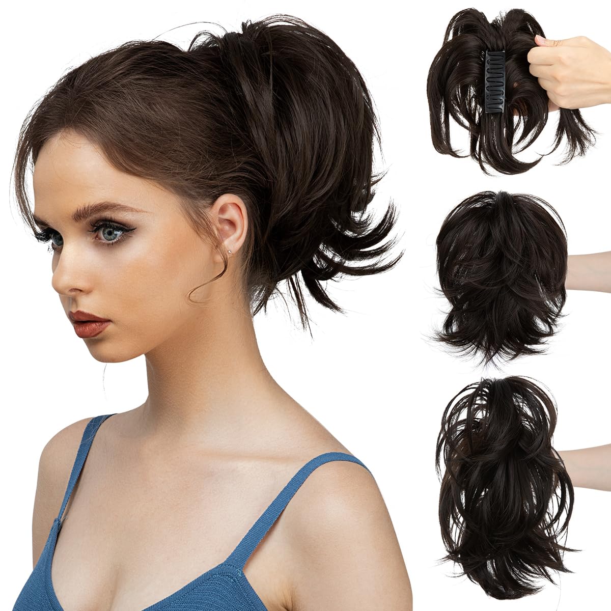 CJL Hair Claw Clip Short Ponytail Extensions - Bendable Metal Messy Bun Piece | Wavy Curly Synthetic Hair, Ash Grey