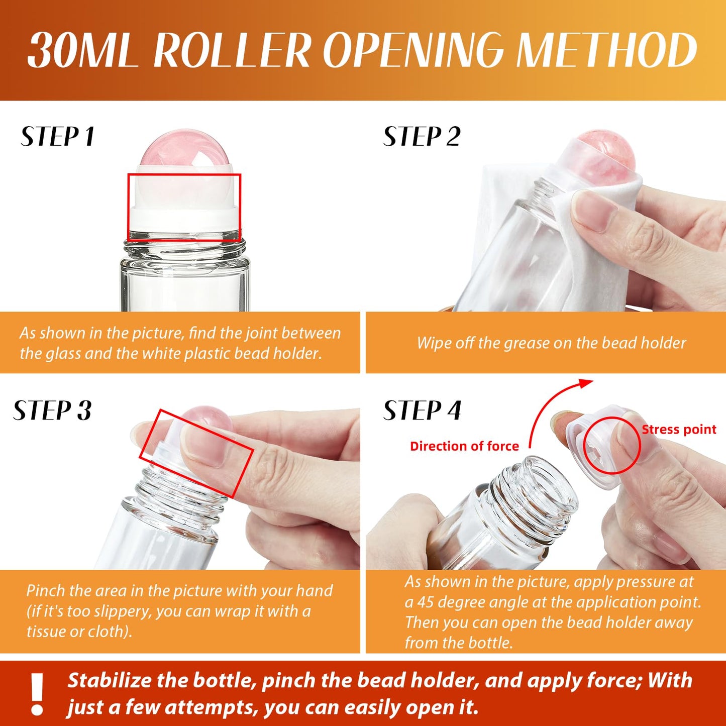 ORVEXILA 2 Pack Rose Quartz Essential Oils Roller Bottles, 50ml and 30ml Empty Leakproof Amber Glass Roll On Bottles for Perfume, Anointing, Travel, DIY
