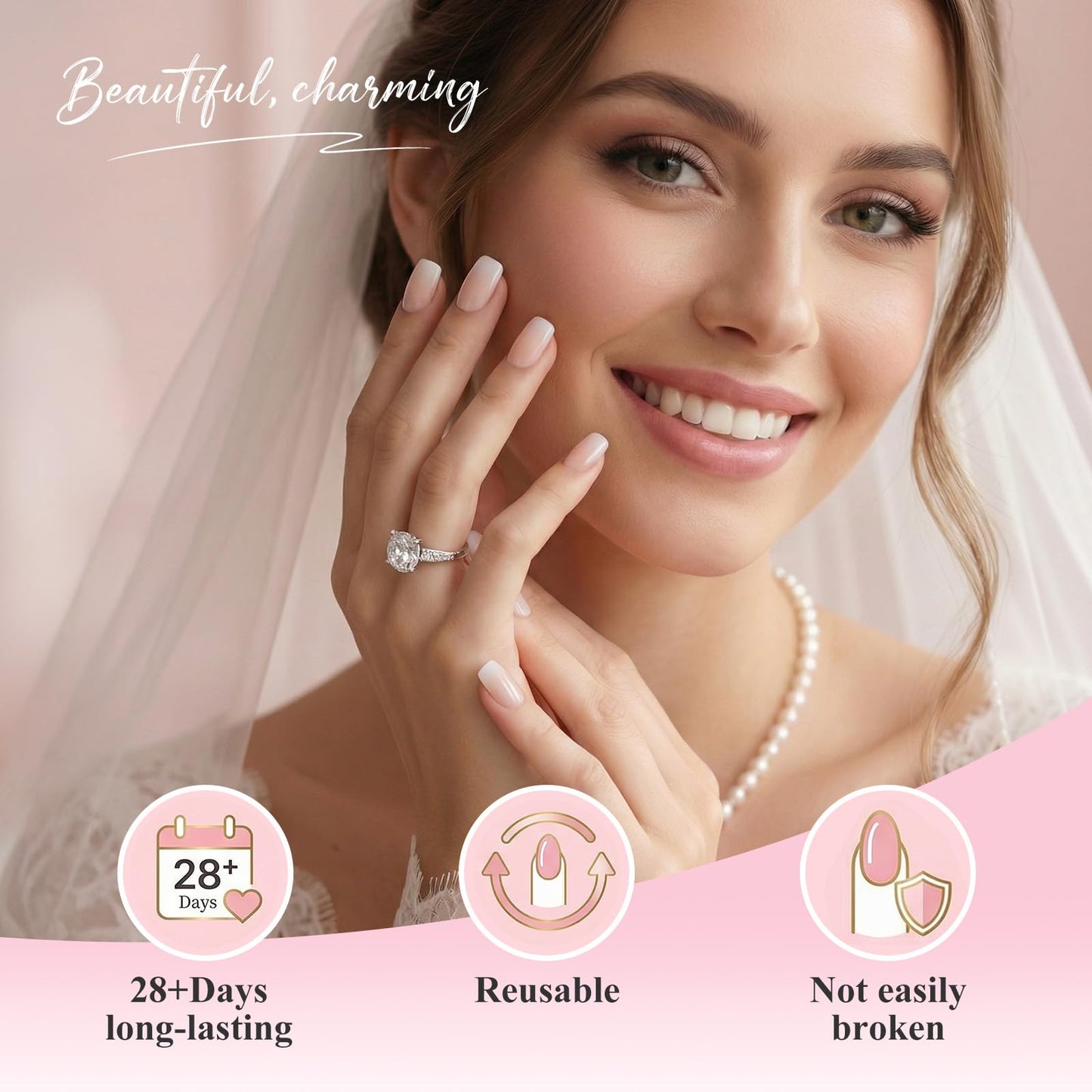 Bioday Ombre Press on Nails Short Square, Soft Gel Nude Pink Press On Nails with Glue & Tabs, 30 Pcs Reusable False Nails in 15 Sizes, Long Lasting Daily Nail Tips for Women