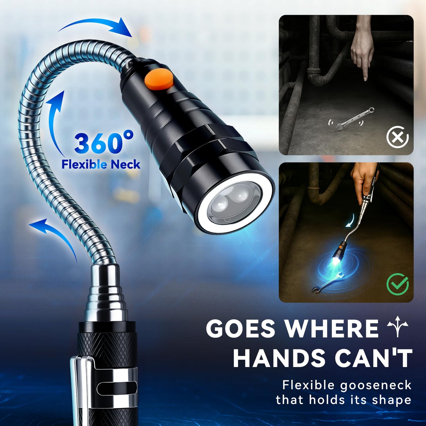 VIBELITE Extendable Magnetic Flashlight with Telescoping Magnet Pickup Tool-Fathers Day Dad Gifts for Husband, Dad, Men, Women, Him, Mechanic, Birthday Gifts for Men, Cool Gadget, Black