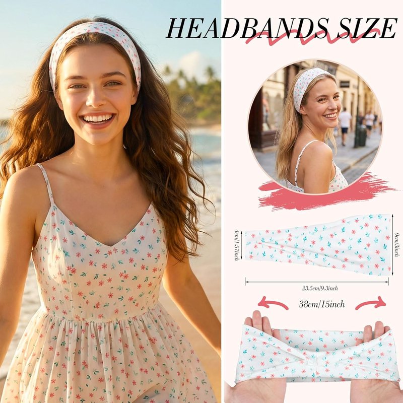 8 Pack Pink Floral Stripe Headbands for Girls - Non-Slip Summer Accessories