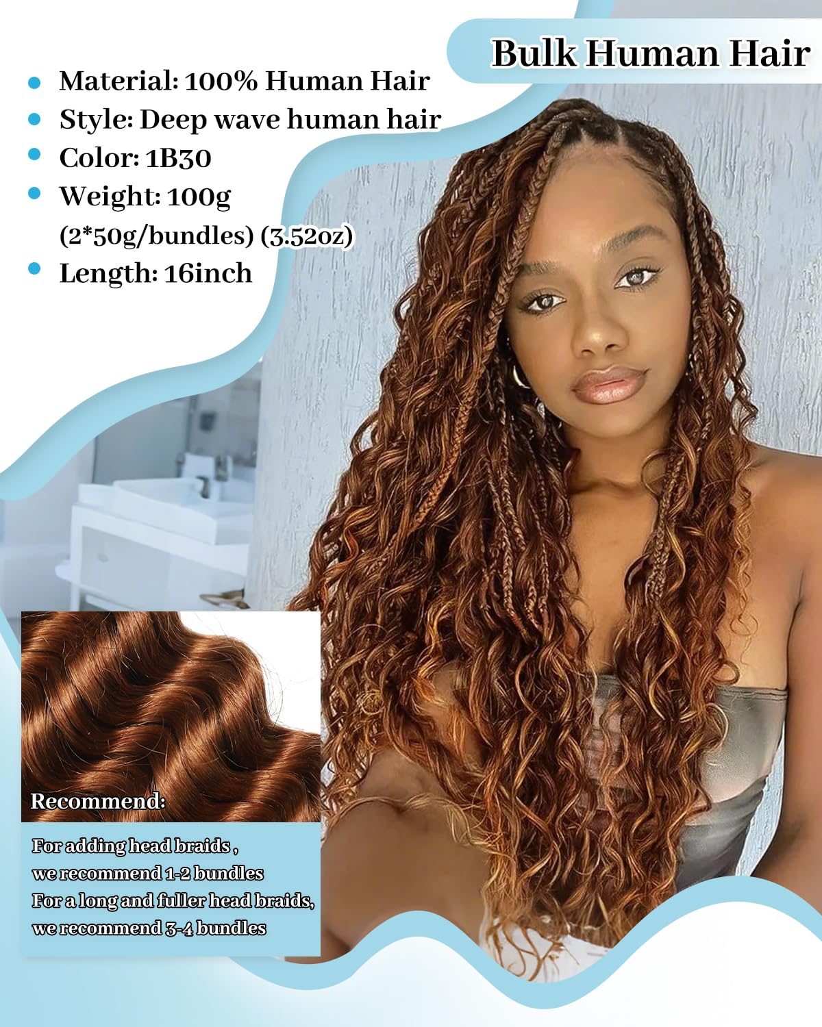 Flagship Human Braiding Hair for Boho Braids 16 Inch 100g Deep Wave Bulk Human Hair for Braiding No Weft Curly Wet and Wavy 2 Bundles Extensions