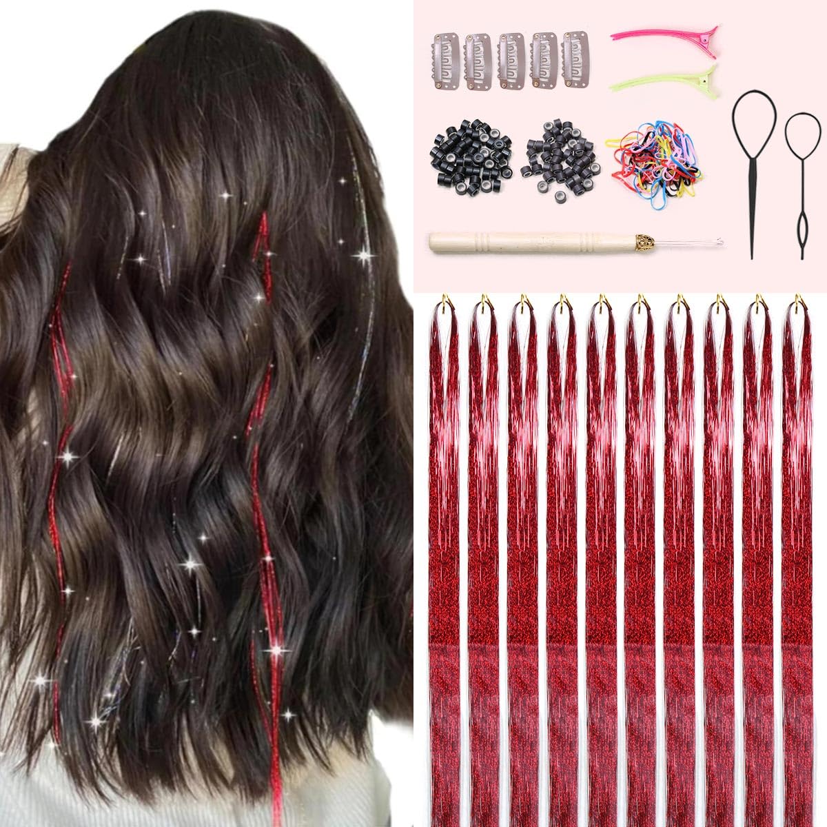 Hair Tinsel Kit - 20 Colors Fairy Tinsel Hair Extensions | Heat Resistant Glitter Accessories for Teens (48 Inch)