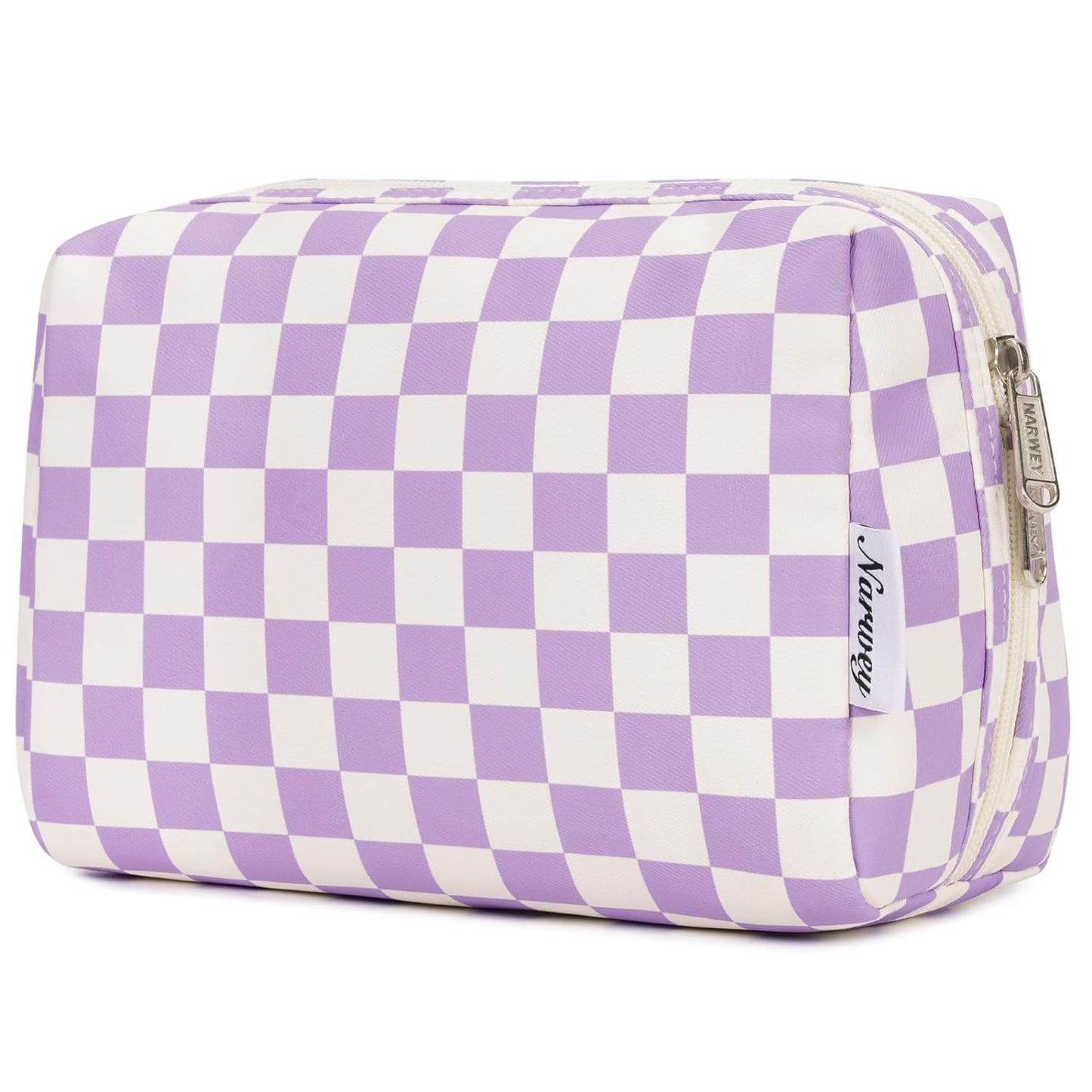 Checkered Makeup Bag - Travel Cosmetic Organizer with Compartments | Large Sky Blue Checkerboard
