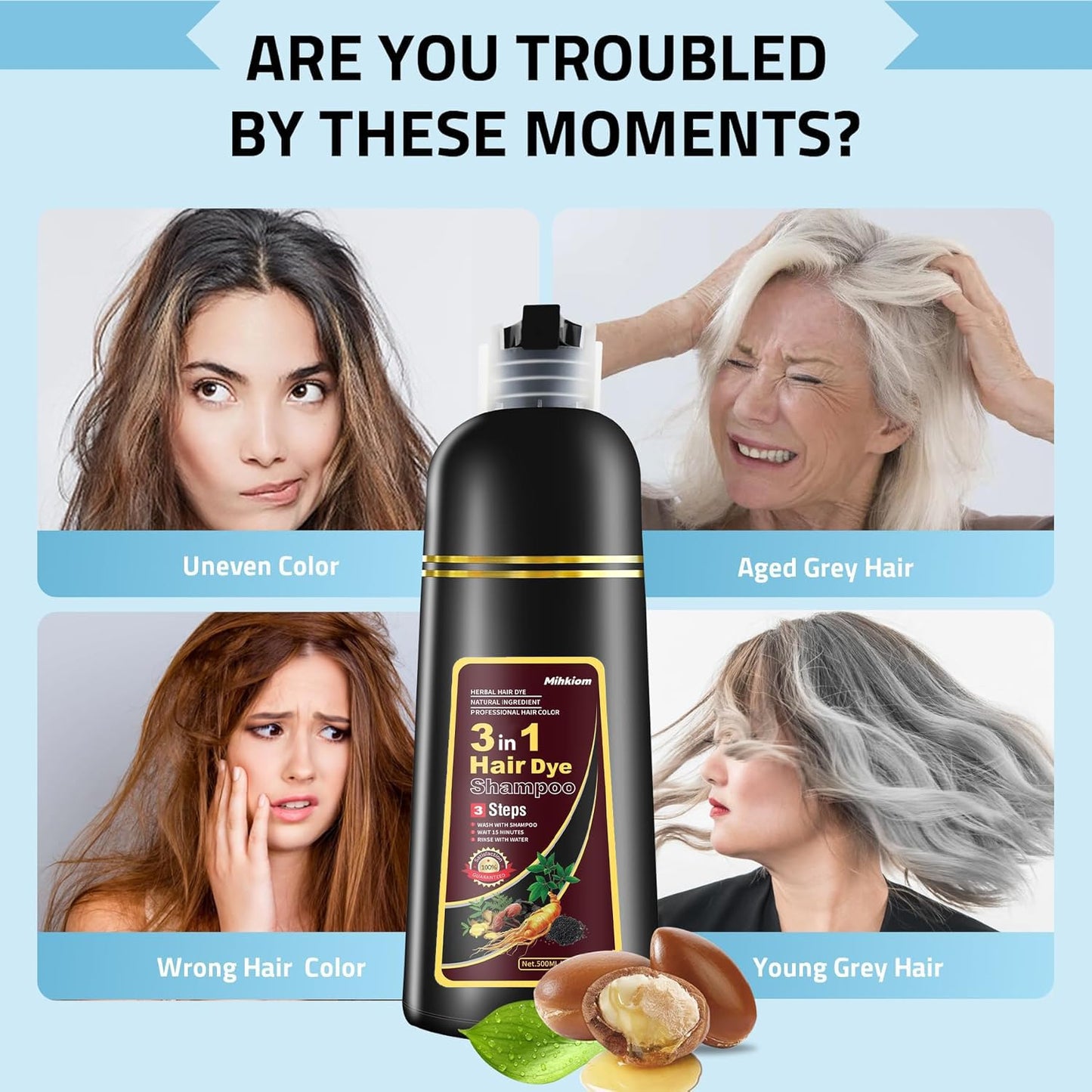 Mihkiom Brown Hair Dye Shampoo 3 in 1 for Women & Men, Hair Color Shampoo Refresh Hair Only 20 Mins - Natural Plant - Champu Para Pintar el Pelo