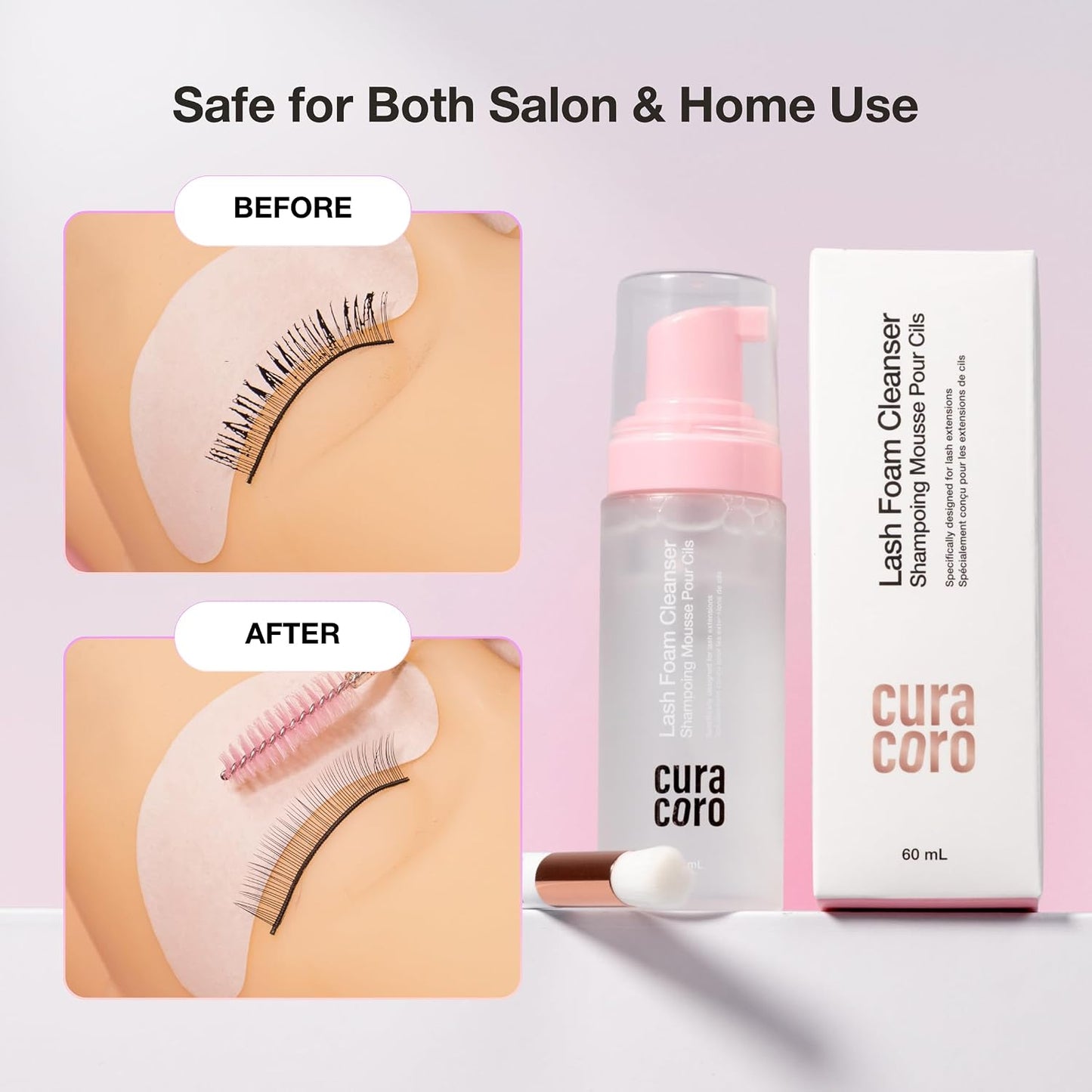 Curacoro Eyelash Extension Cleanser - Unscented Foam Shampoo for Sensitive Skin | 60ML, Removes Waterproof Makeup