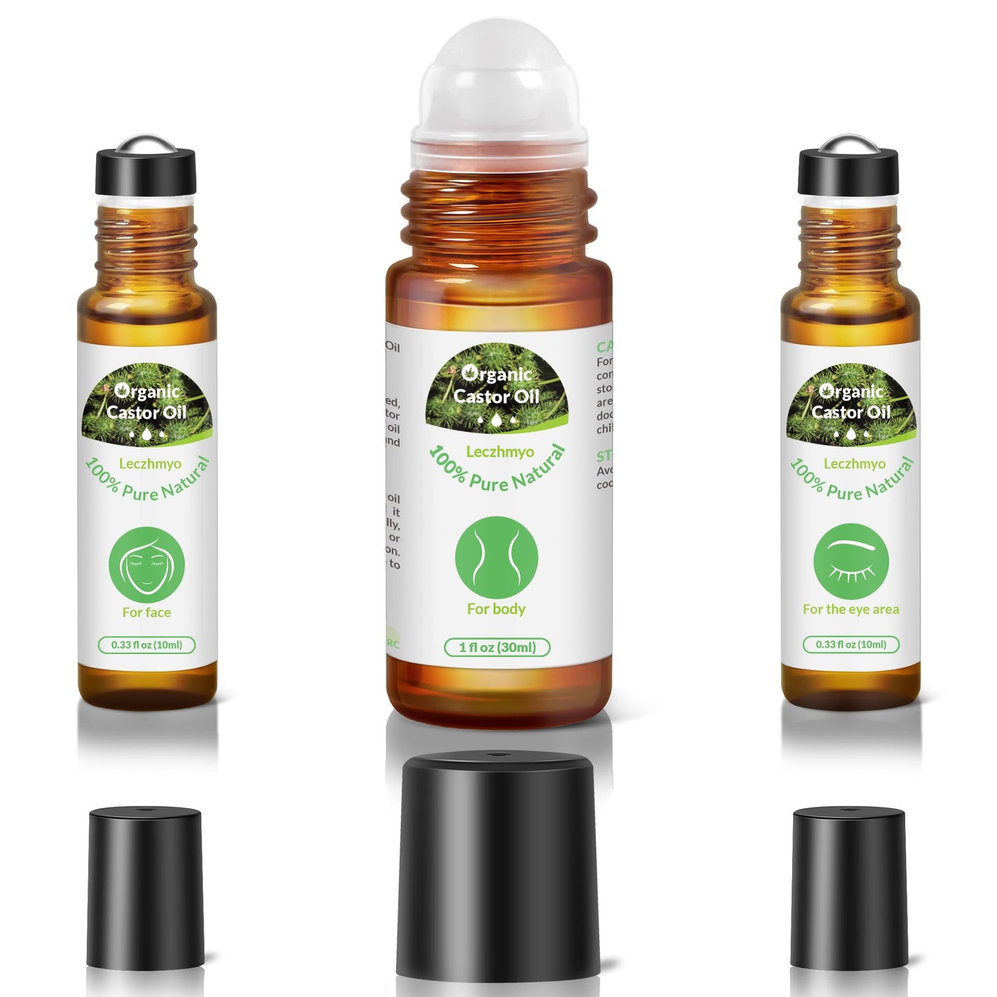 Leczhmyo Organic Castor Oil Roll on for Belly, Face, Body, Under Eyes– Certified Organic, Cold Pressed, Hexane Free, Unrefined – 3 Glass Bottle Pure Roller Ball Castor Oil to Moisturize Skin, Lips