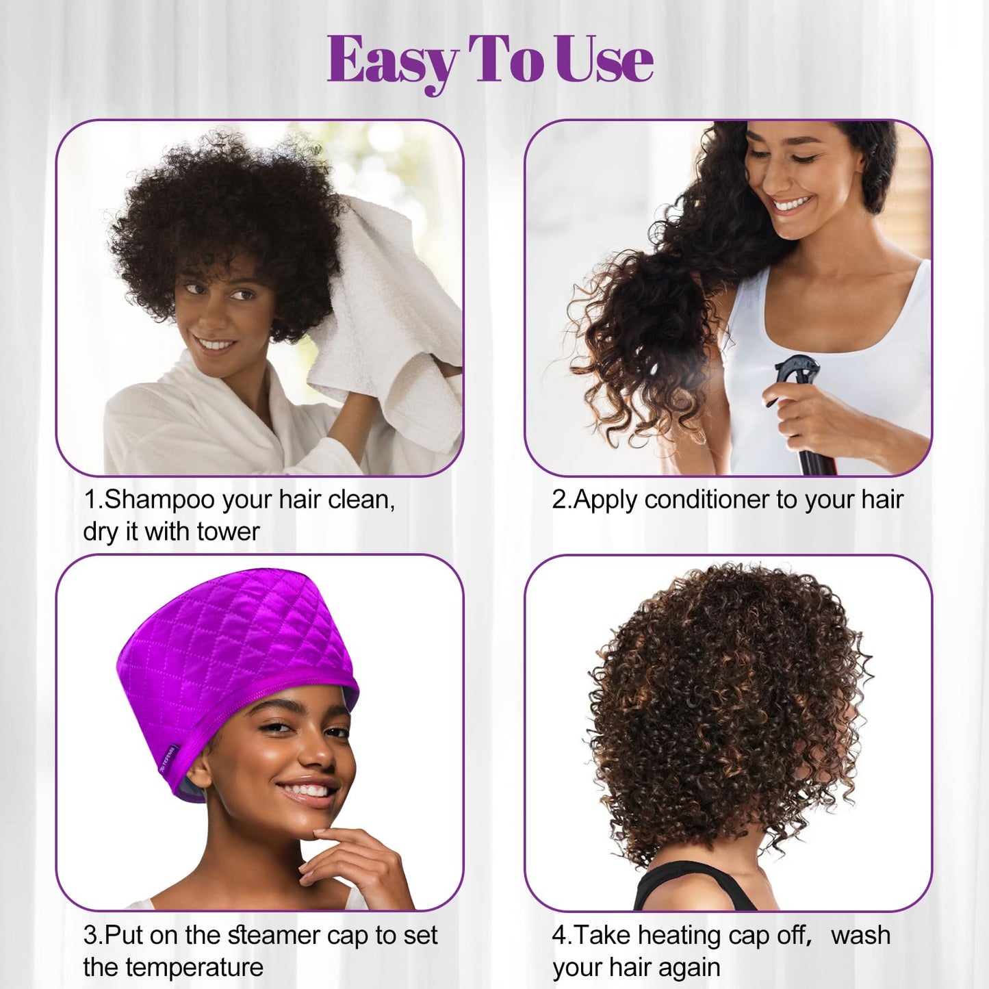 TEPENAR Hair Steamer for Deep Conditioning: Upgraded Heat Cap with 10-Level Fast Heating 3 Time Settings for Natural Hair Portable Thermal Steam Cap for Home Hair Treatment - Purple