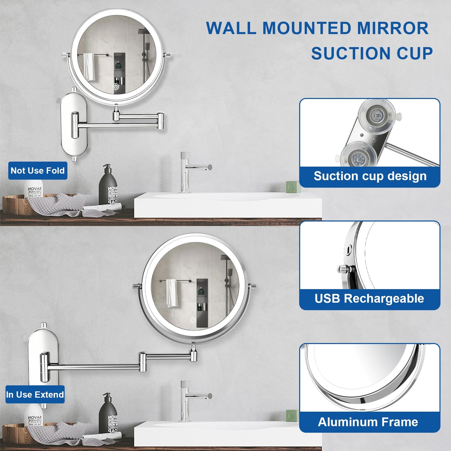 8“Lighted Makeup Mirror Wall Mounted Suction Cup,1X/10X Magnifying Mirror Rechargeable No Drilling Wall Mounted Makeup Mirror Swing Arm, 2000mAh USB Charging, Wall Mount for Bathroom & Shaving Chrome
