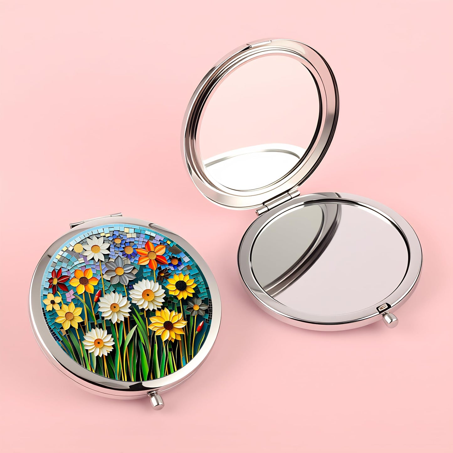 Silver Compact Mirror, 2.8x2.8inch Double-Sided Folding Makeup Mirror with Pink Heart Ornate Relief Design, Ideal Gift for Women