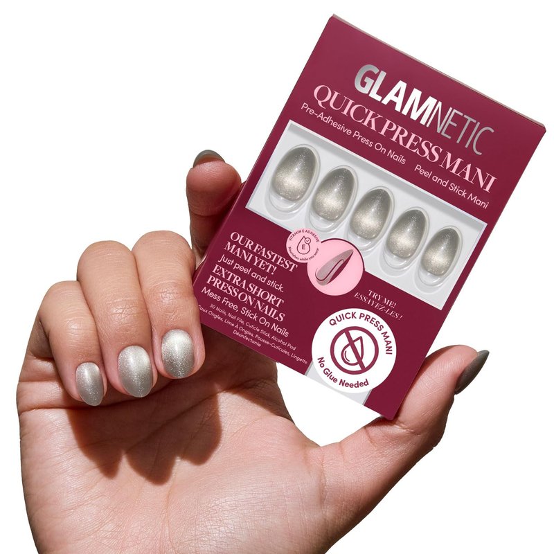 Glamnetic Quick Press Mani - No Glue Press On Nails, Just Peel and Stick, Oval Extra Short Nails, Mess Free, Salon Quality Stick On Nails, Sparkly Moss | in 15 Sizes - 30 Nail Kit