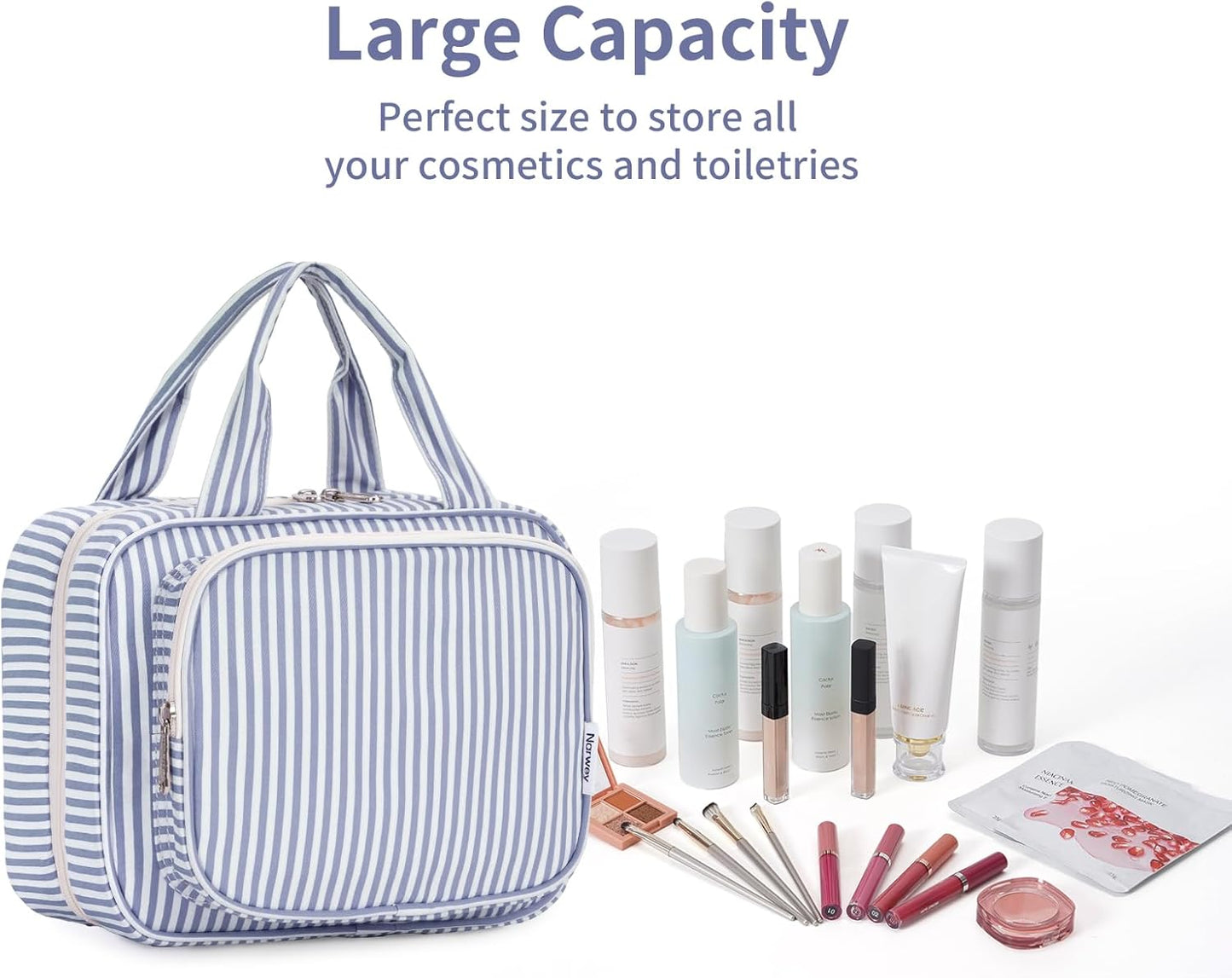 Narwey Hanging Toiletry Bag for Women - Travel Makeup Organizer | Medium Greyish Blue Stripe