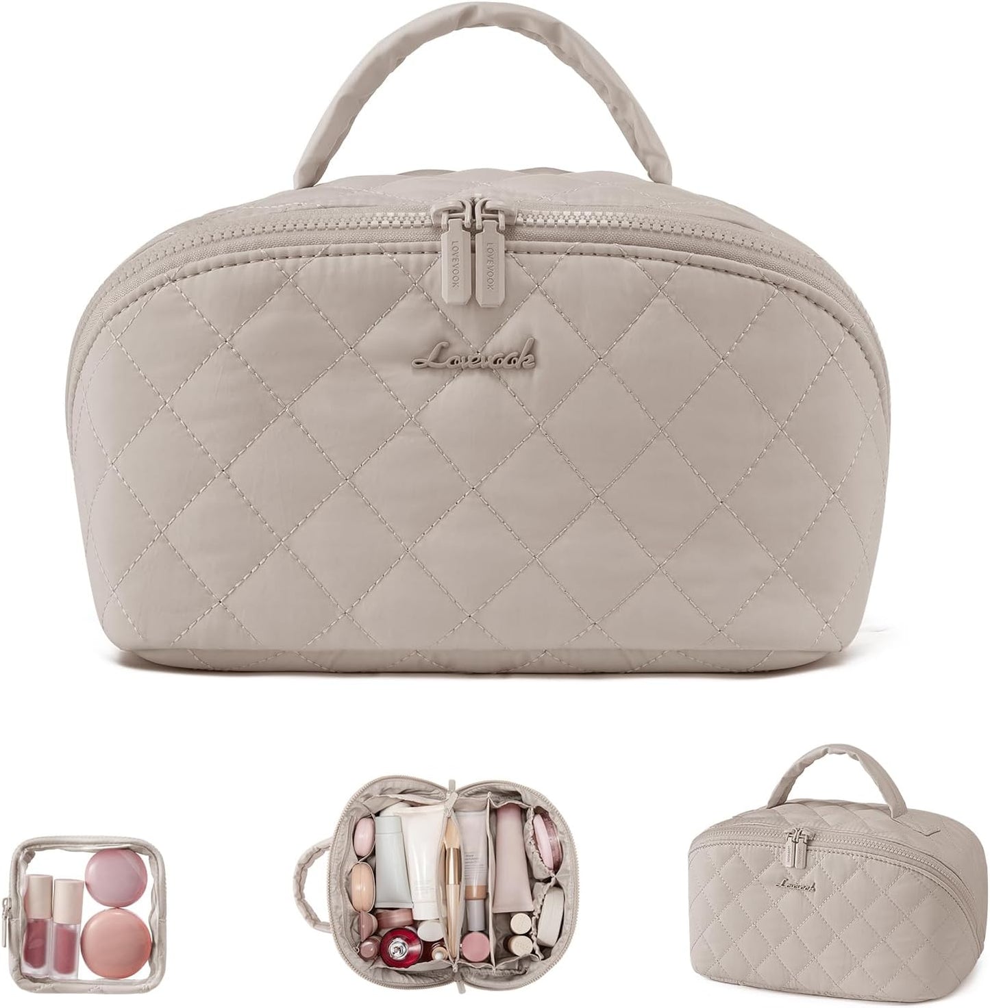 LOVEVOOK Travel Makeup Bag - Waterproof Cosmetic Organizer with Brush Compartment | Large Capacity Pouch in Pink, Medium