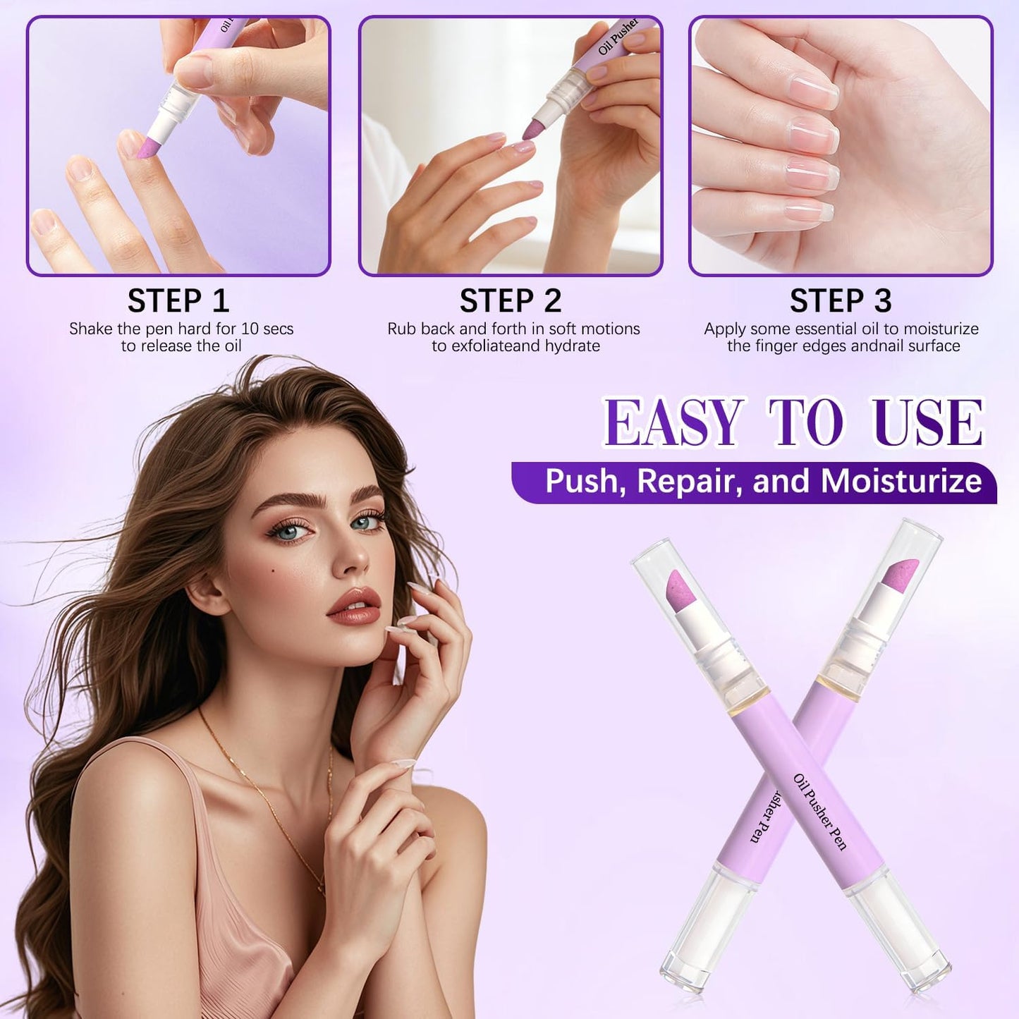 3PCS 2-in-1 Cuticle Oil Pusher Pen, New Ceramic Cuticle Pusher & Oil Pen, Portable Cuticle Remover Tool for Hangnails, Dry & Damaged Nails, Moisturize Strengthen Brighten Nails Care
