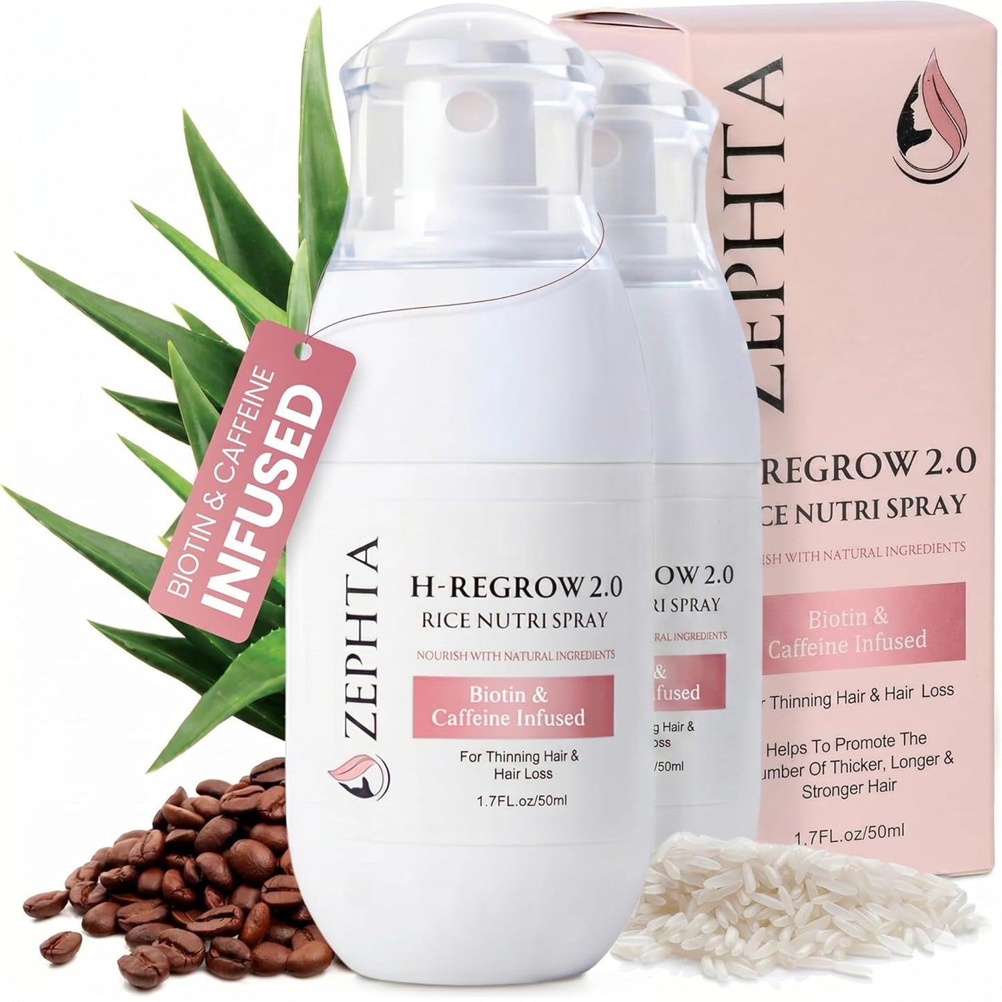 Zephta Hair Growth Spray - Rice Water, Biotin & Aloe Vera Formula for Thinning Hair | Unisex Solution
