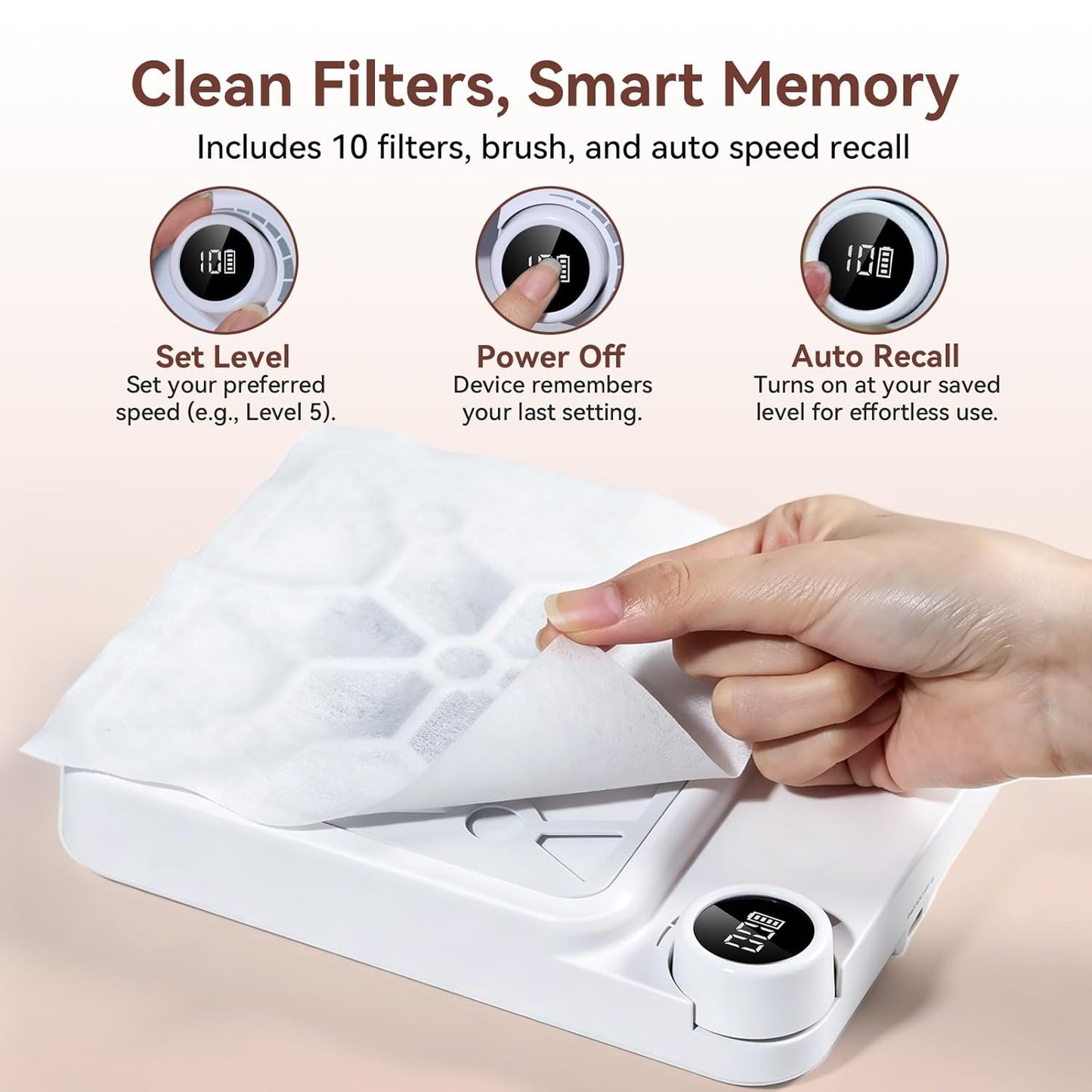 Makartt Compact Rechargeable Nail Dust Collector - 5500RPM Adjustable Speed for Quiet Manicure | Includes 10 Filters & Dust Brush, White