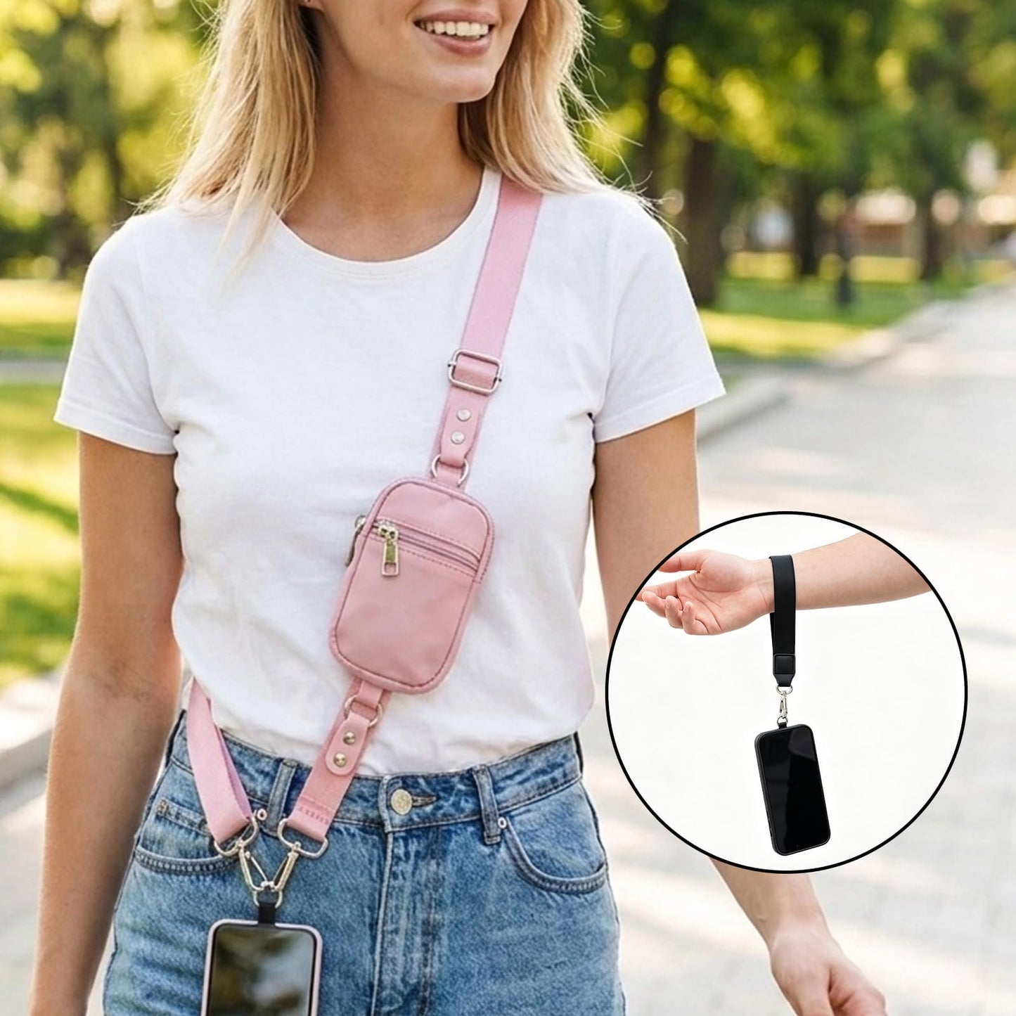Crossbody Phone Lanyard with Zipper Pouch, Adjustable Neck Strap with Phone Tether, Anti-Lost Wrist Strap (pink)