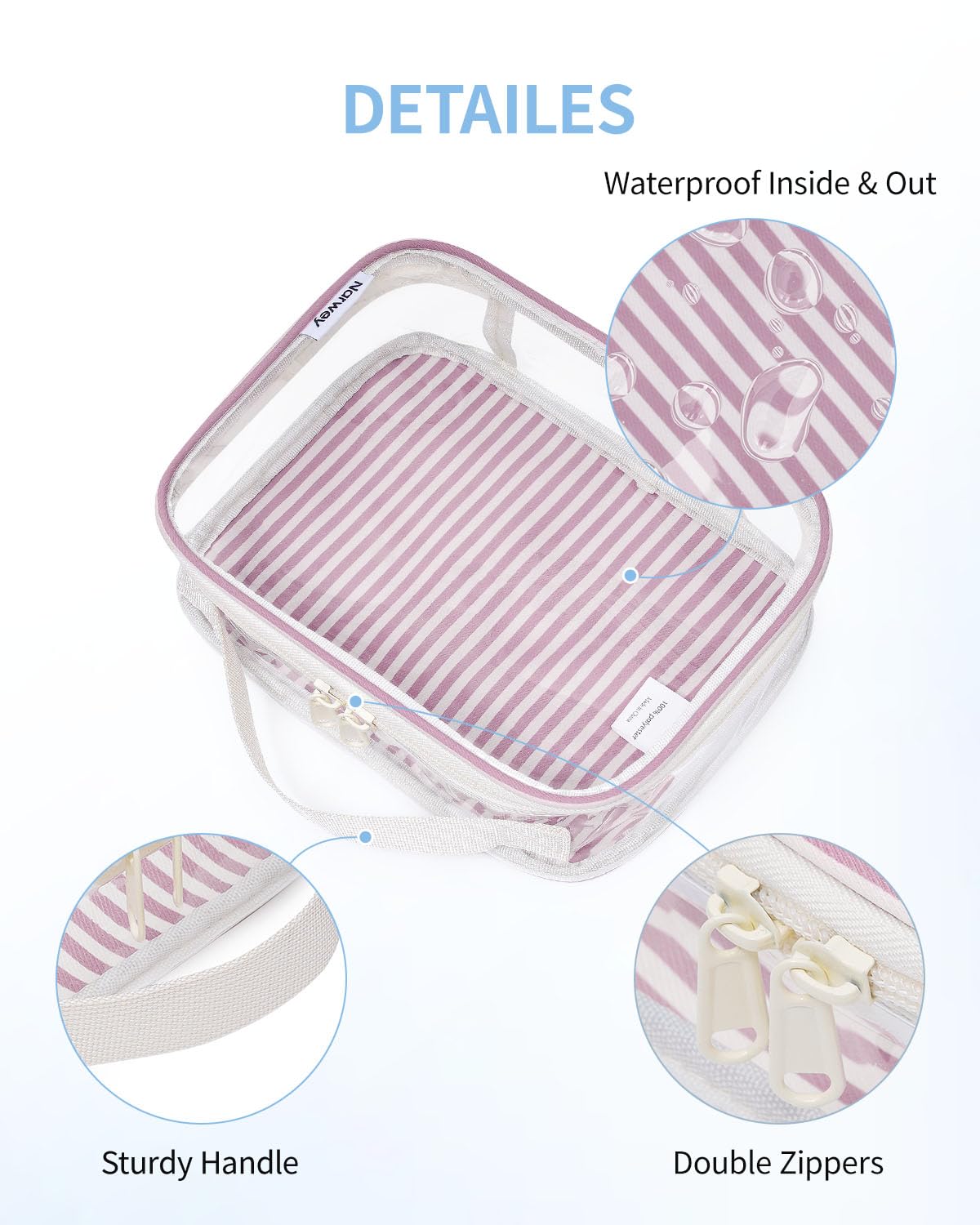 Narwey TSA Approved Clear Toiletry Bag for Travel, Waterproof PVC Clear Makeup Bags, Portable Compact Cosmetic Bag Make Up Organizer, Airport Airline Quart Size Compliant Bag (Dusty Pink Stripe)