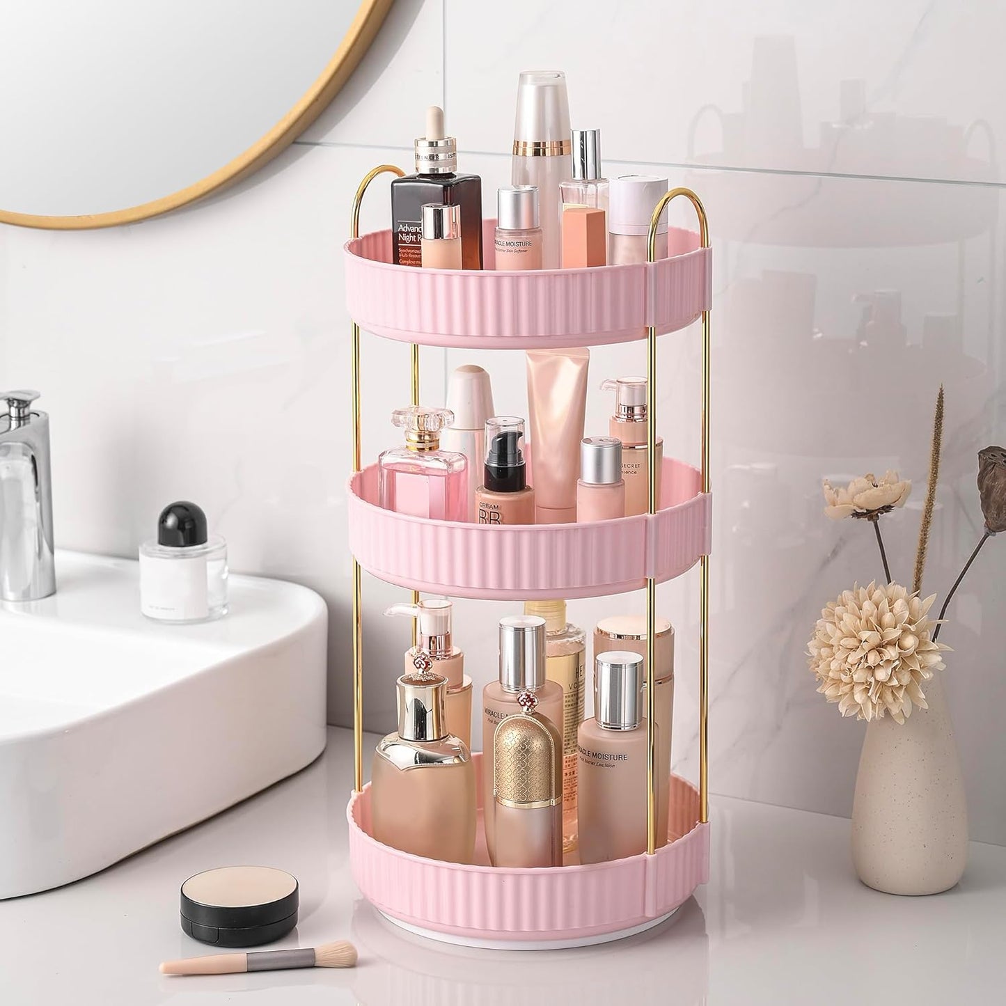 Rotating Makeup Organizer - 3 Tier Clear Cosmetic Holder for Vanity | Grey Perfume & Skincare Storage
