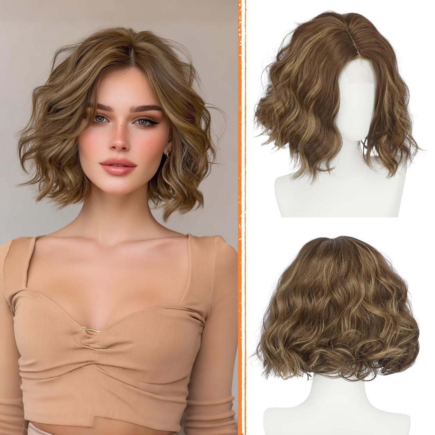 Blonde Bob Wig - Lace Front Short Wavy Curly Synthetic Hair | 11 Inch with Highlights for Women