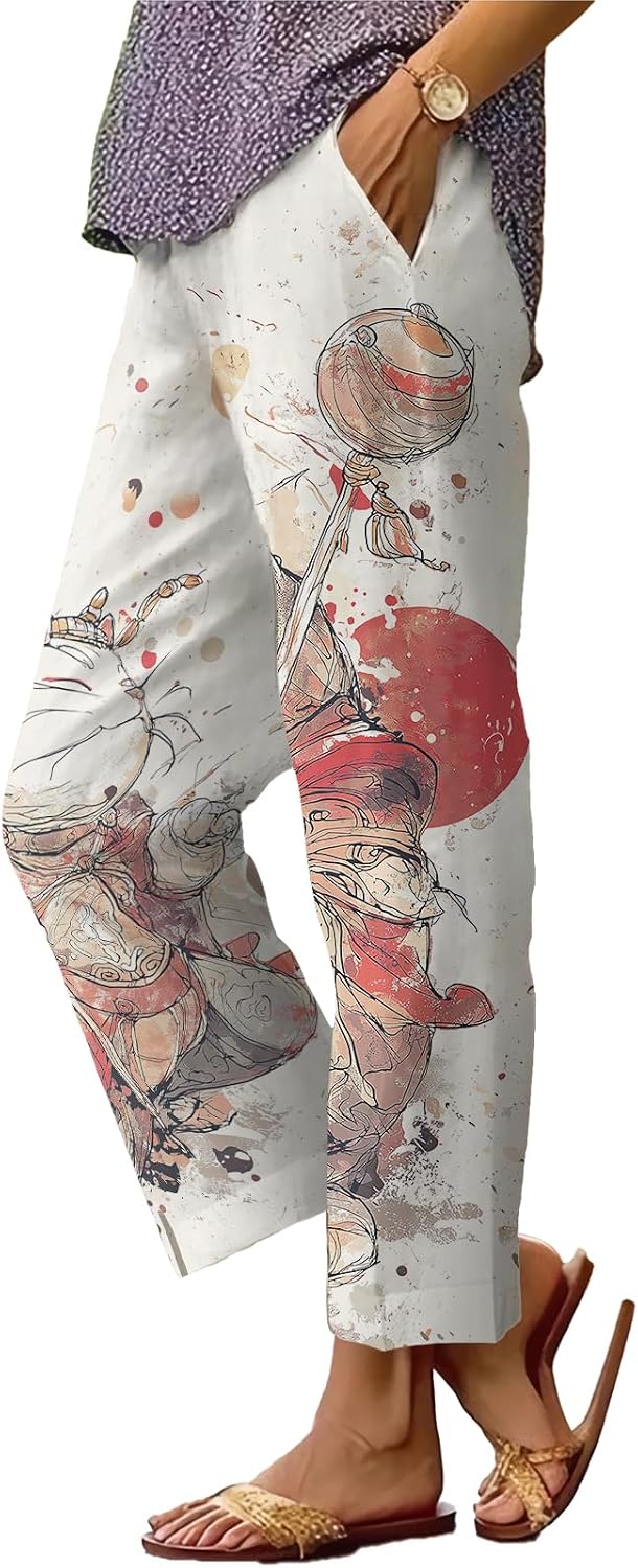 Womens Plus Size Floral Boho Capris - Elastic Waist Beach Trousers | Casual Summer Pants