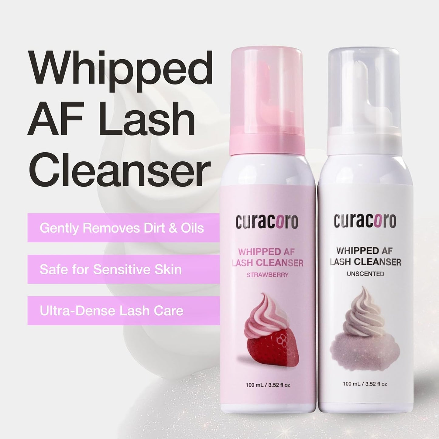 Curacoro Eyelash Extension Cleanser - 100ml Strawberry Scented Foam, Deep Cleansing for Sensitive Skin | Long-Lasting Use