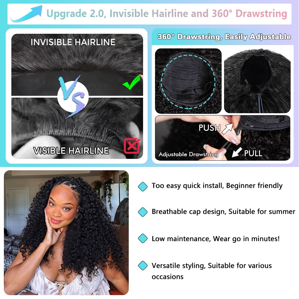Curly Half Wig - Human Hair Water Wave 24 Inch | 200% Density, Glueless, Beginner Friendly