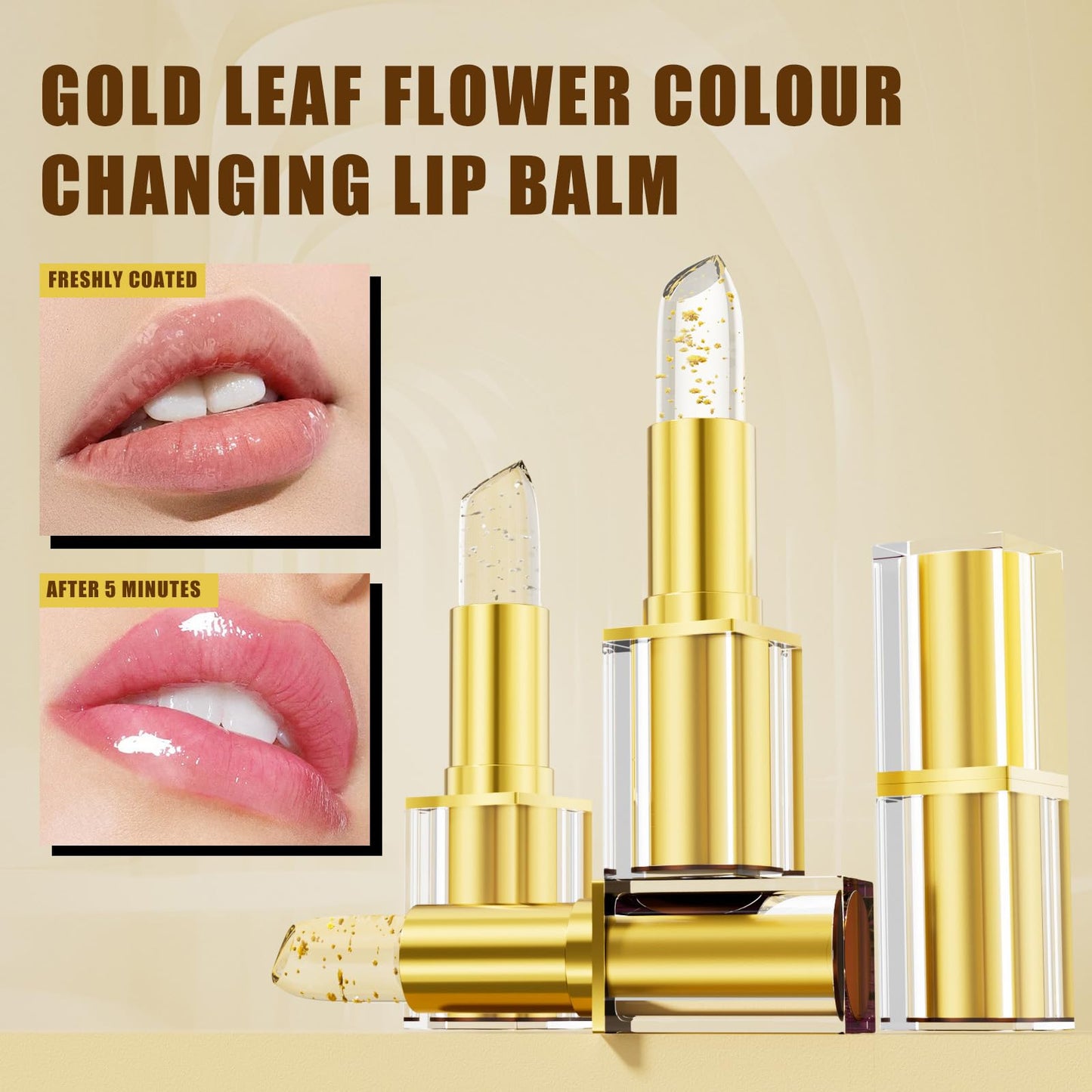 DENESTUP Color Changing Lipstick, Clear Lipstick Gold Foil Crystal Ph Adjusting Lip Stick, Color Changing Ph Lip Balm, True Tone Ph Adjusting Lipsticks for Women