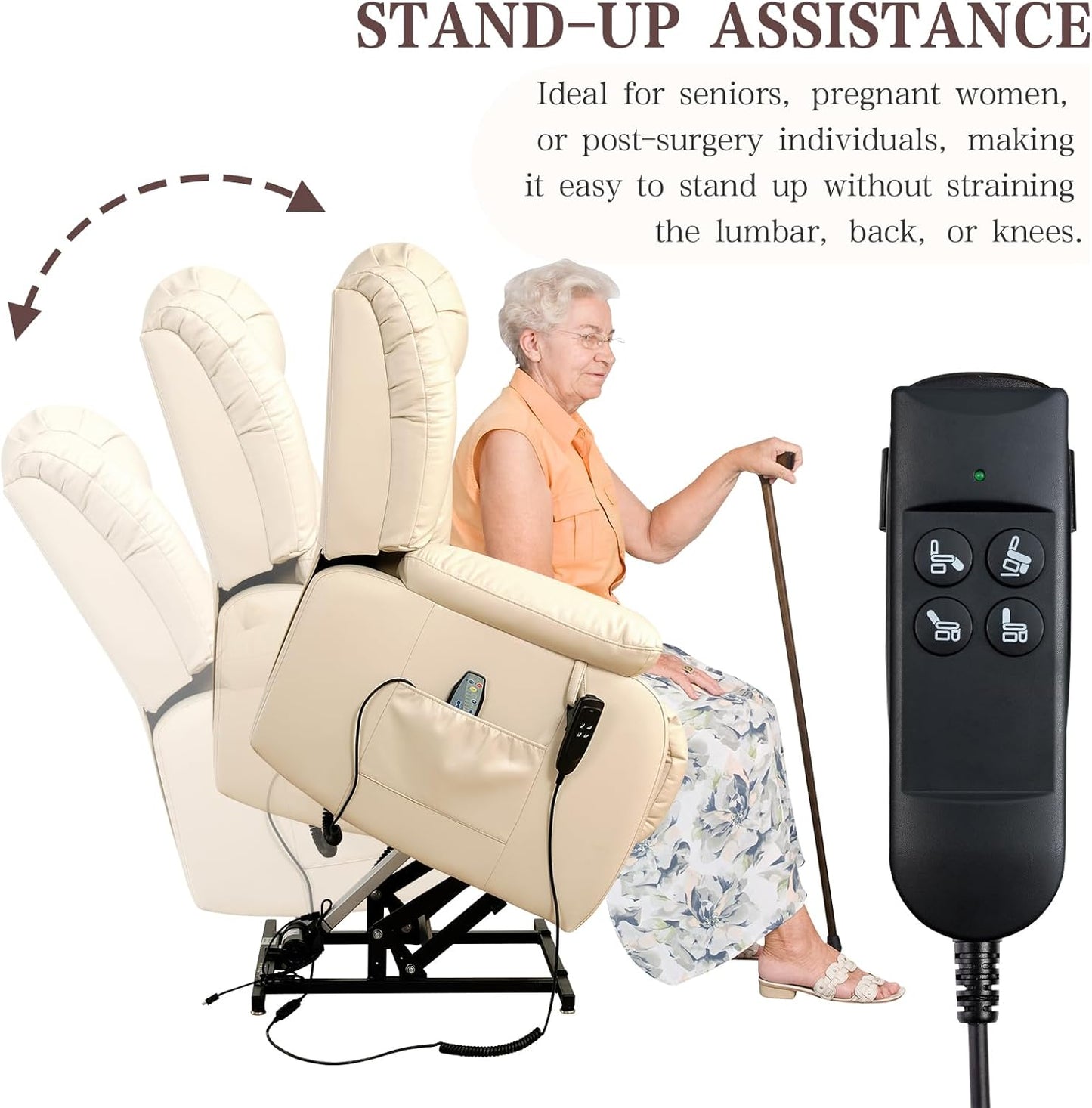 Infinite Position Lift Recliner Chair - Dual Motor Power with Massage & Heating | Extended Footrest, USB Ports, Remote Control, Beige Leather