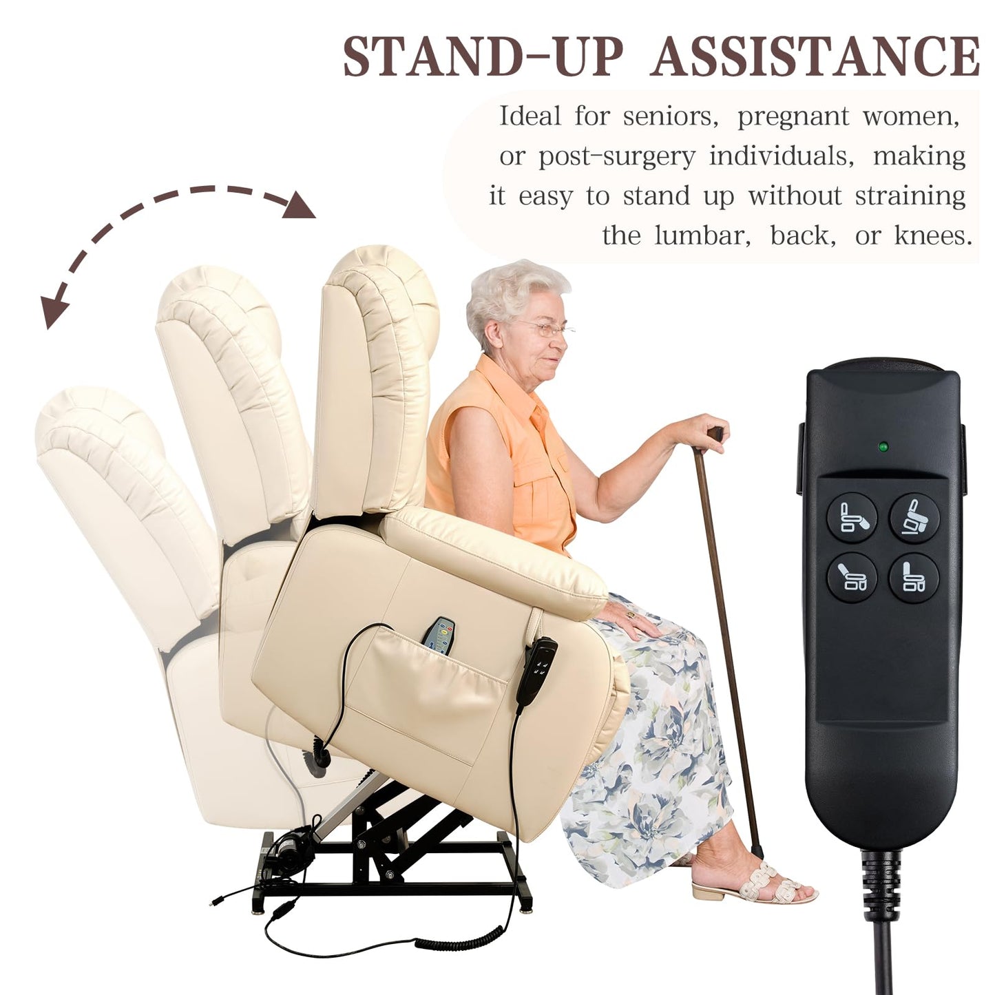 Infinite Position Lay Flat Lift Recliner Chair for Adults, Dual Motor Power Lift Chair for Elderly with Massage & Heating, Extended Footrest, USB Ports, Remote Control & Lumbar Pillow, Leather (Beige)