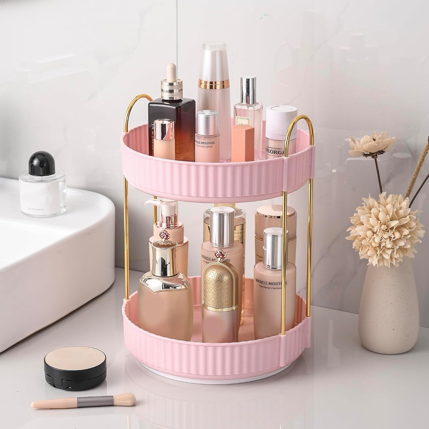 Rotating Makeup Organizer - 3 Tier Clear Cosmetic Holder for Vanity | Grey Perfume & Skincare Storage