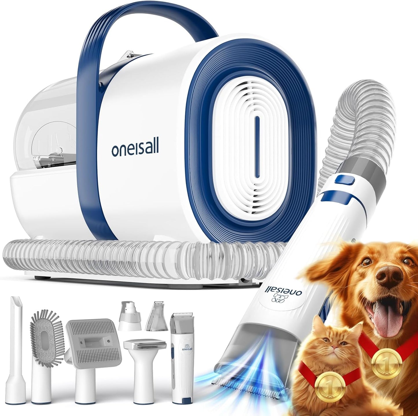 Dog Grooming Vacuum - Pet Grooming Tool with Clipper & Nail Grinder | 1.5L Dust Cup & 7 Grooming Tools (Blue)
