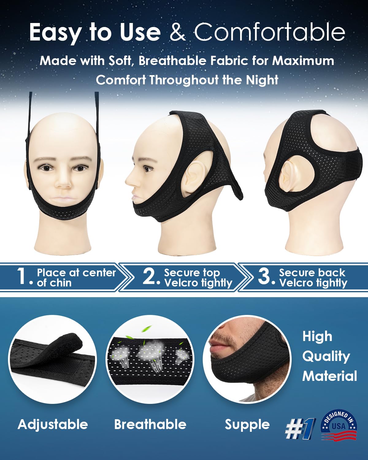 Forzacx Anti Snore Chin Strap - Breathable Chin Strap Snoring Solution, Effectively Reduce Snoring, Non-Stick Hair, Don't Fade - Black