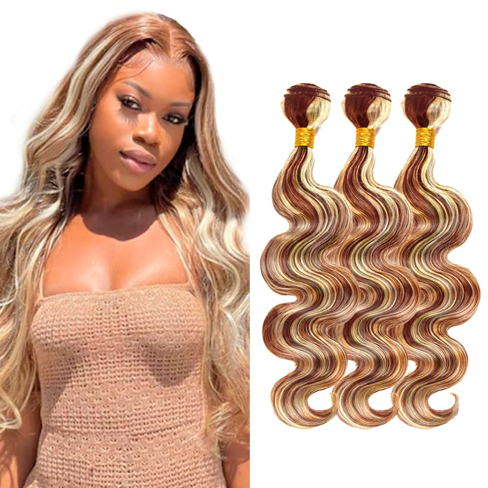 P33/613 Hilight Blonde Bundles Human Hair Body Wave Bundles 30 32 34 Inch Brown Body Wave Bundles Unprocessed Brazilian Virgin Hair Deals Quick Weave Hair Extensions 3 Bundle 100 Gram Per Bundle