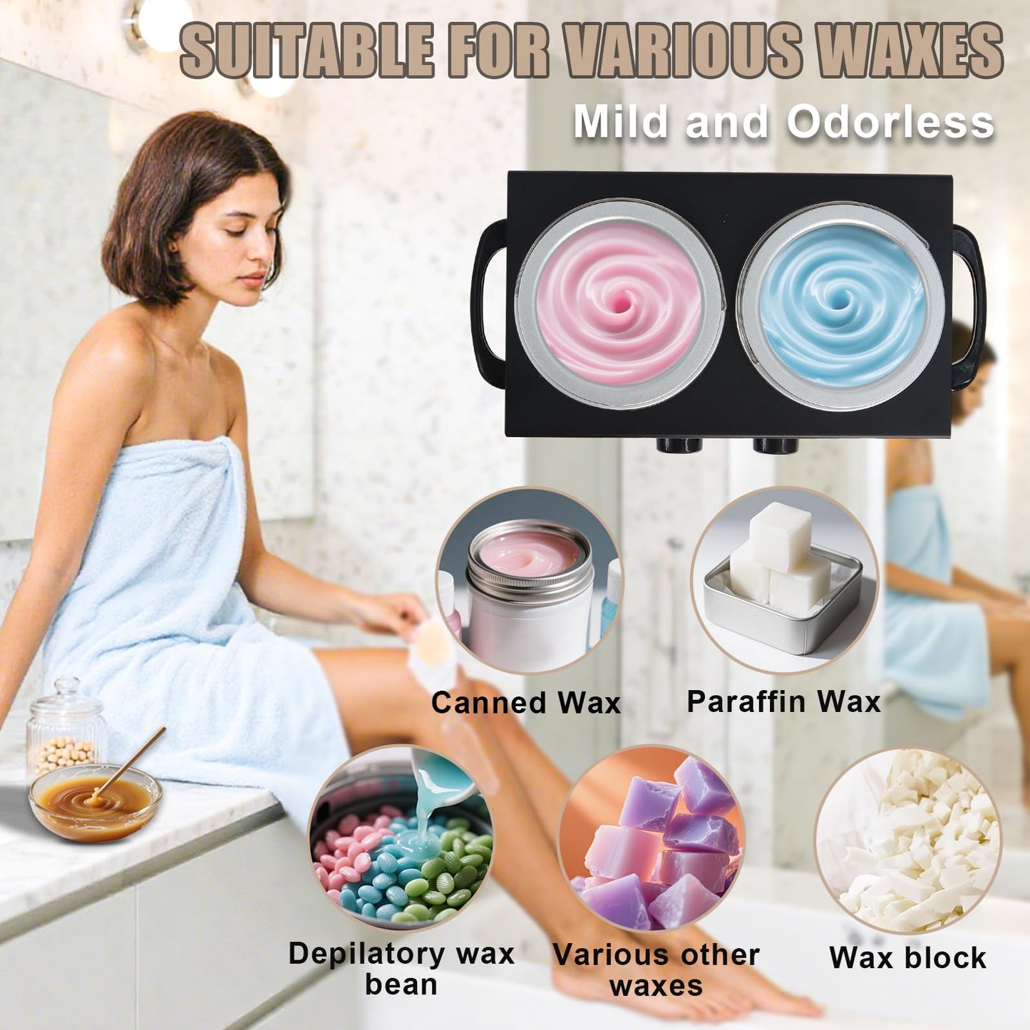 Wax Warmer Double Pot, Professional Electric Heater for Facial, Body, Spa, and Salon, 1.2L Dual Adjustable Temperature with 100 Wooden Craft Sticks, Hair Removal (Black)