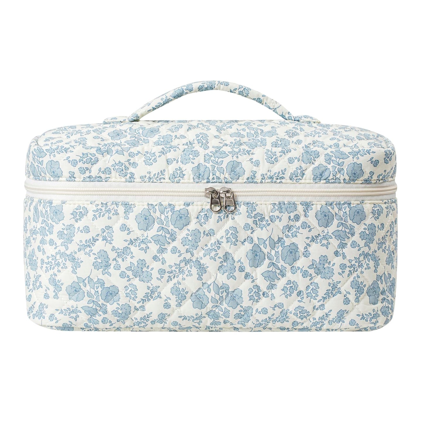 Quilted Cotton Hair Tools Travel Bag Compatible with Dyson Airwrap,Hair Styling Cosmetic Case for CurlingIron,Flat Irons and Attachments,Portable and Foldable Makeup Bag (01Blue Flower)