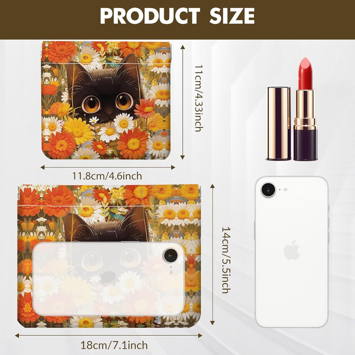Makeup Bag Set - 2 PCS PU Leather Cosmetic Pouches for Travel | Self-Closing, Portable Design with Orange Flowers and Cats