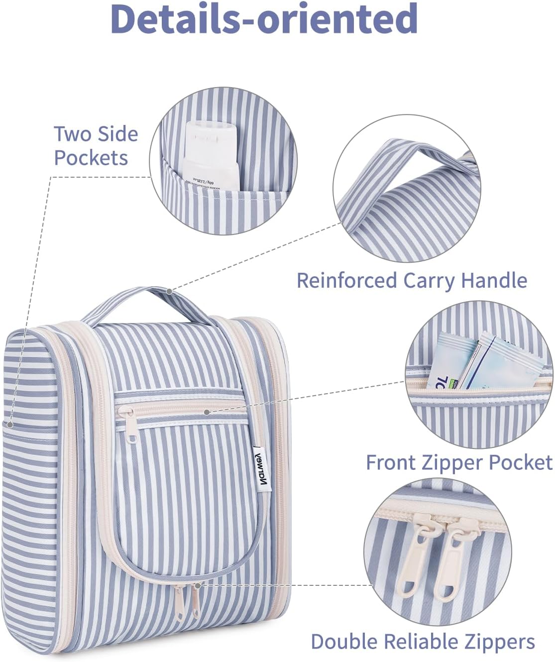 Small Striped Hanging Travel Toiletry Bag for Women - Makeup Organizer | Greyish Blue Stripe